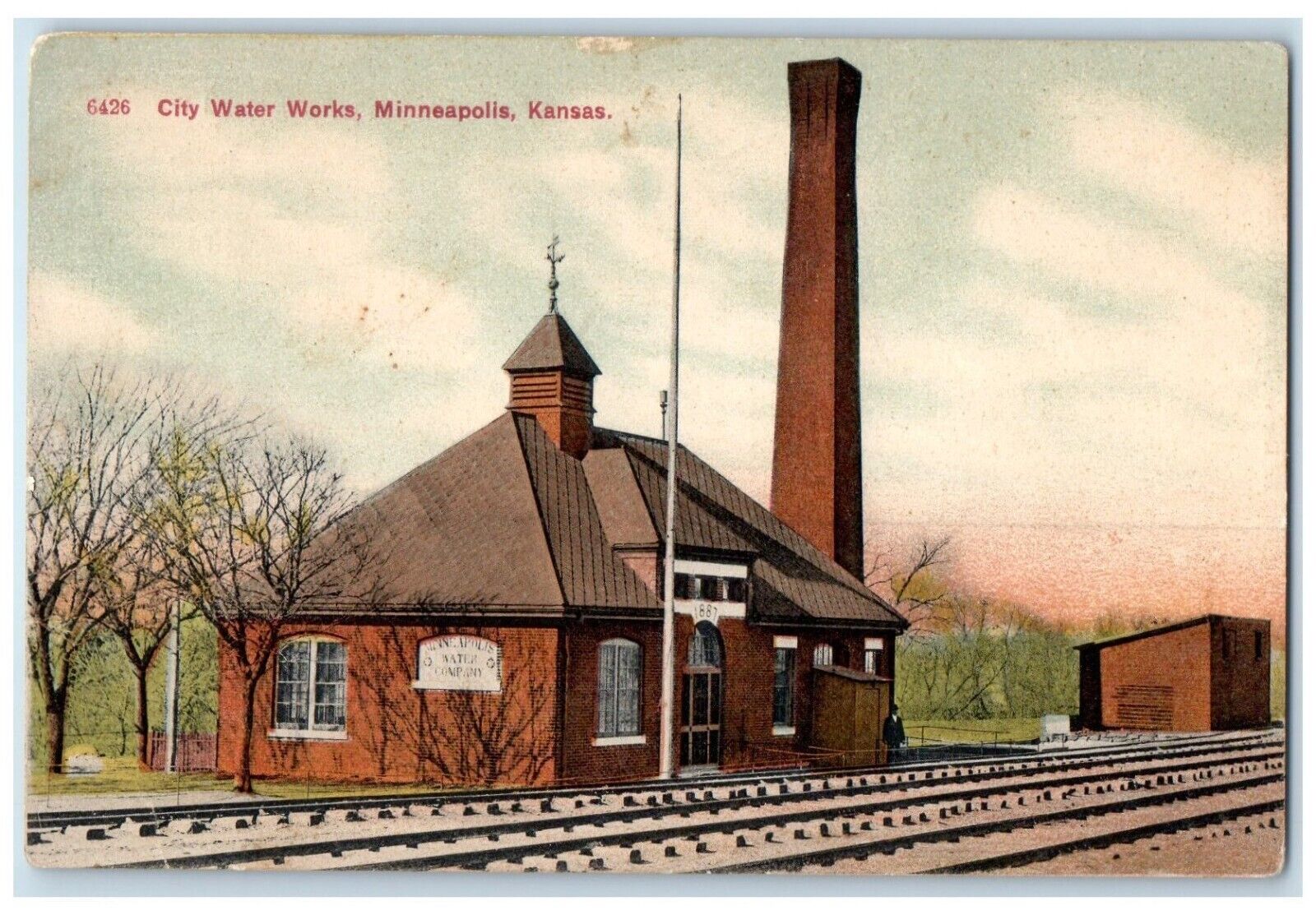 c1910 City Water Works Exterior Building Minneapolis Kansas KS Vintage Postcard