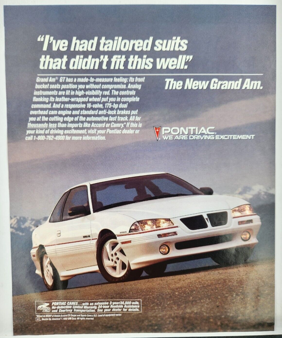 1993 Pontiac Grand Am GT White I've Had Tailored Suits That..Vtg Poster Print Ad