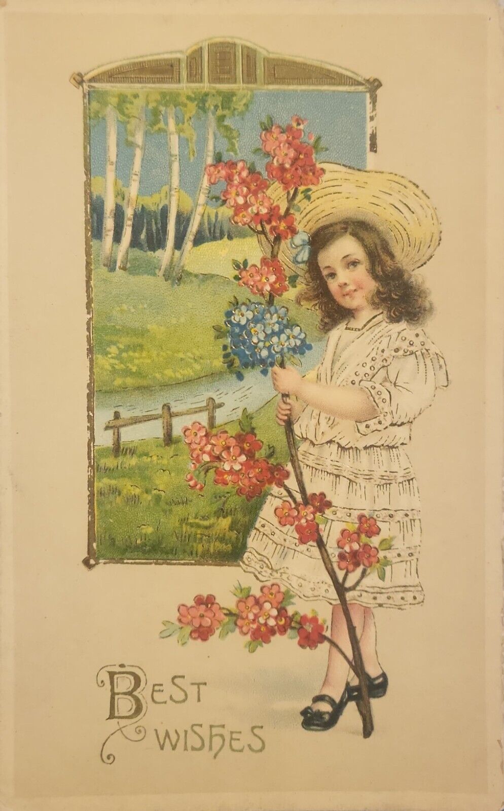 Best Wishes - 1912 Vintage Postcard - Sparkle Card - Girl Holding Flowers