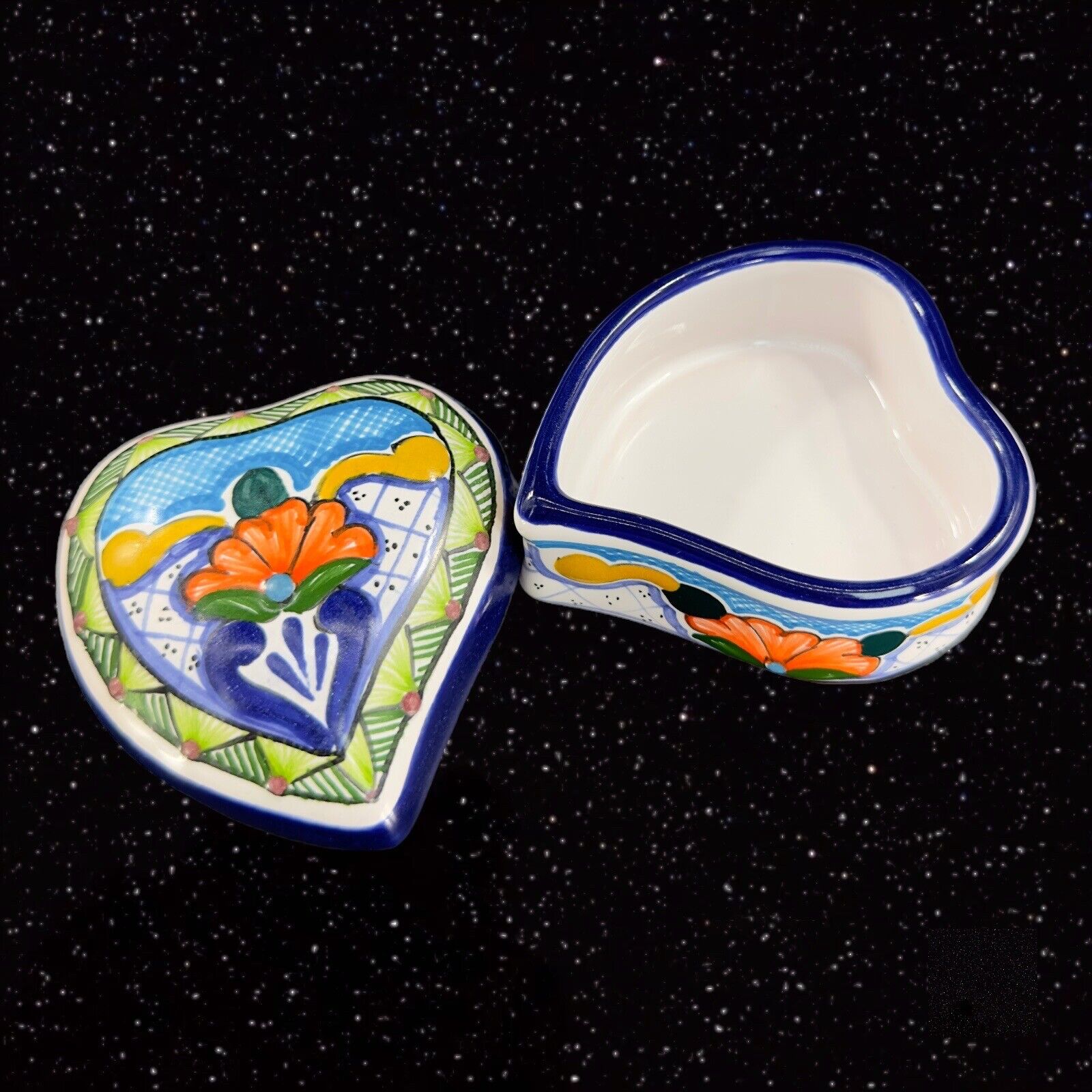 Mexico Art Pottery Talavera Heart Trinket Dish Jewelry Storage Dish W Lid Marked