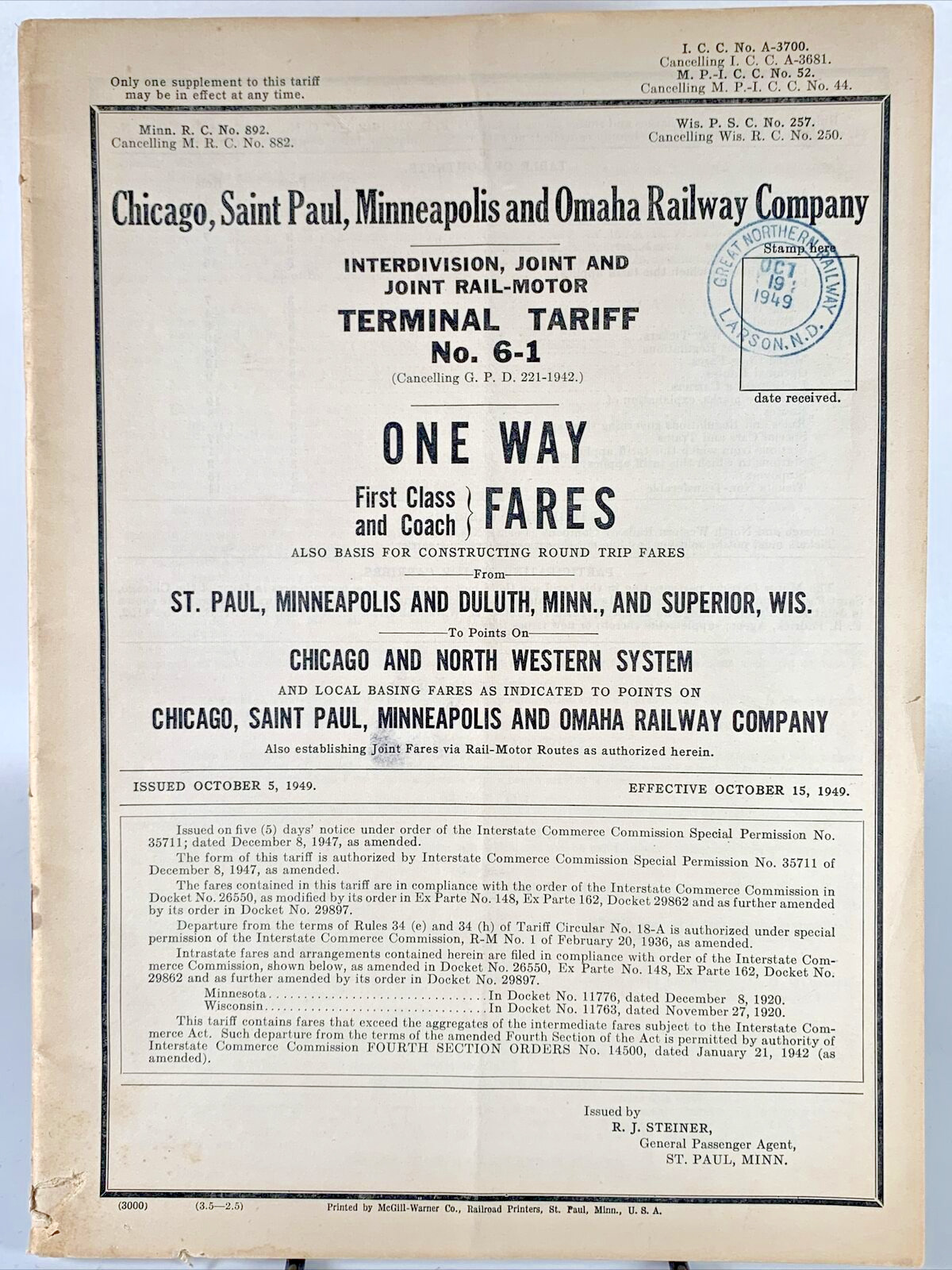Vintage 1949 Omaha Railway One-Way Fares Book
