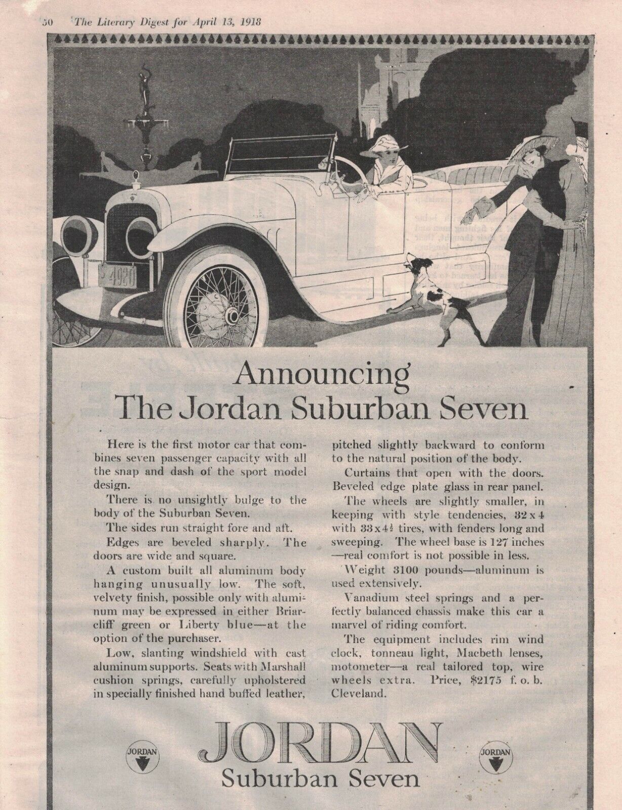 1918 Jordan Suburban Seven Original ad - with Jack Russell Terrier -  Rare