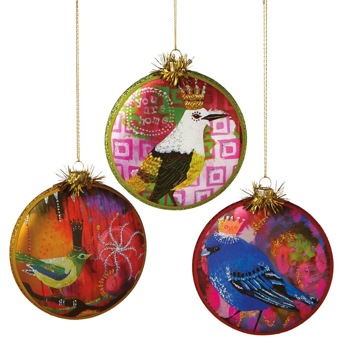 Crowned BIRD Glass Disc Ornaments Set of 3 NEW 108395