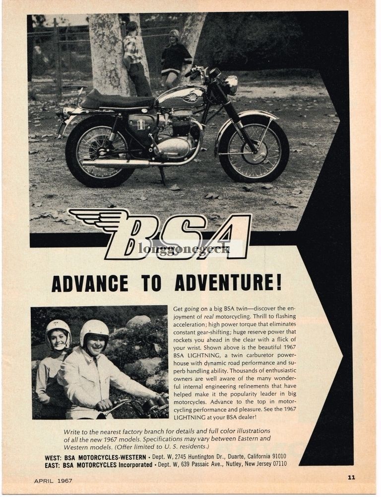 1967 BSA Lightning Motorcycle Vintage Ad 