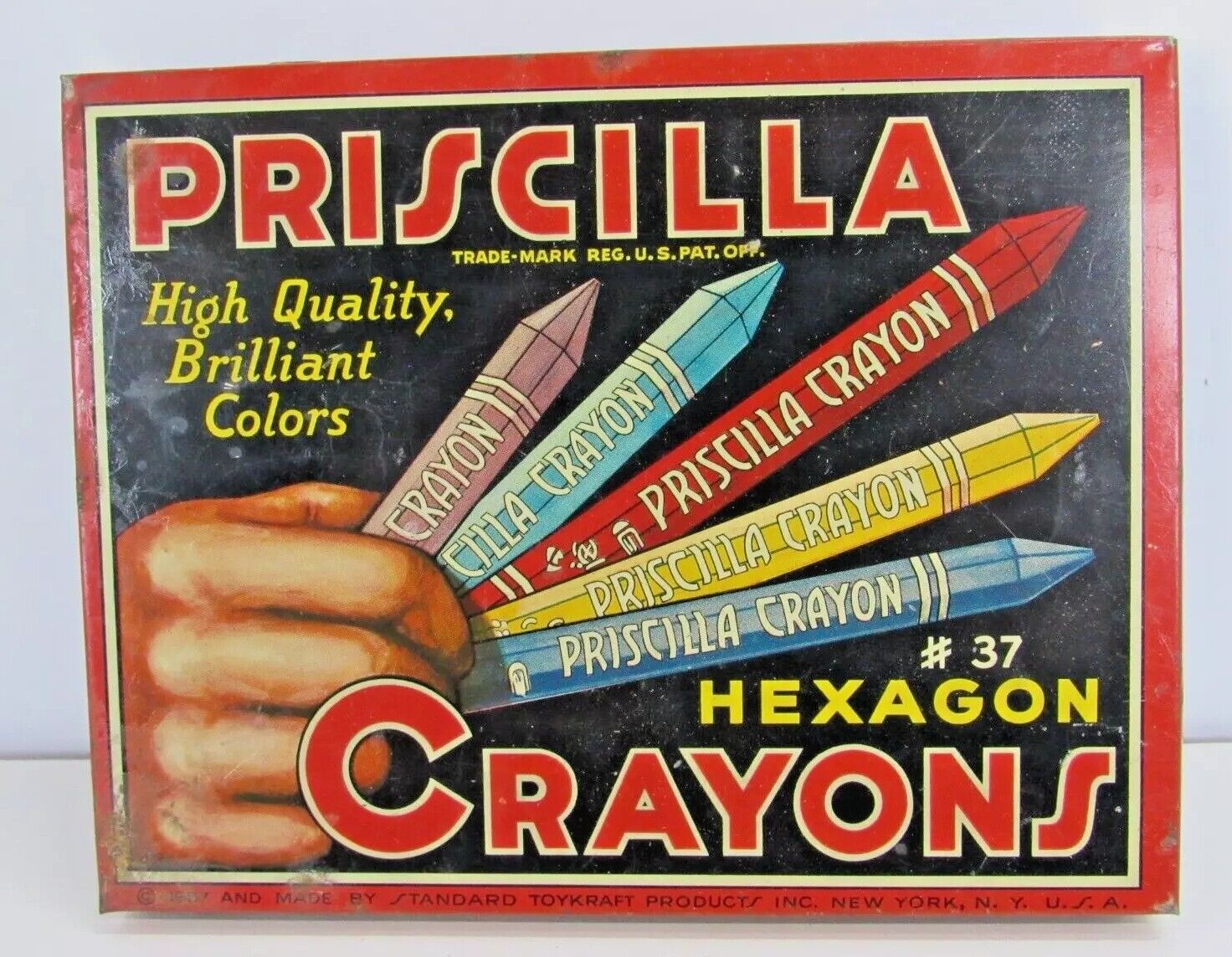 🖍   Circa 1930's PRISCILLA CRAYONS Tin Empty BOX Great GRAPHICS Vintage #EL