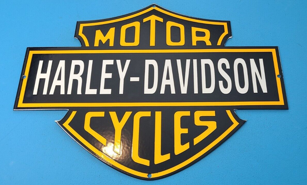VINTAGE HARLEY DAVIDSON MOTORCYCLE PORCELAIN GAS BIKE BAR & SHIELD LOGO SIGN