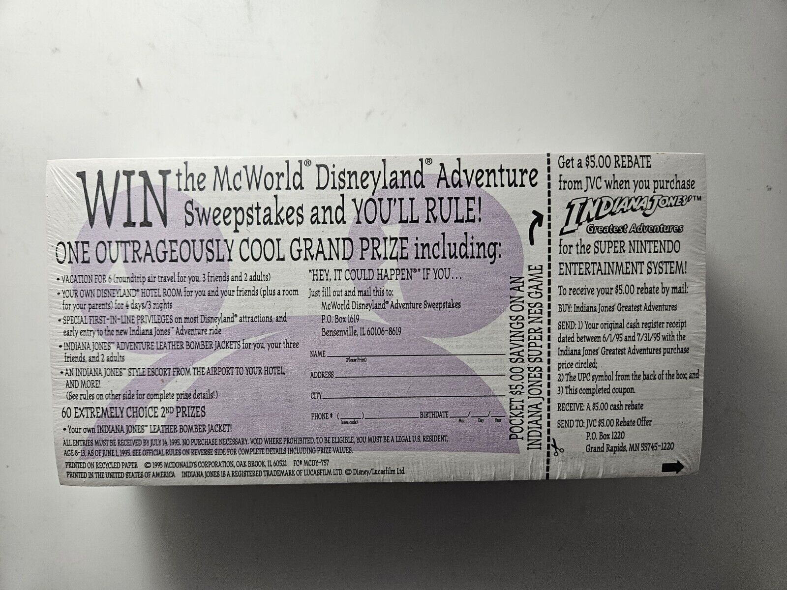 1995 McDonald\'s SNES Indiana Jones Disney Land Sweepstakes Entry Forms Sealed