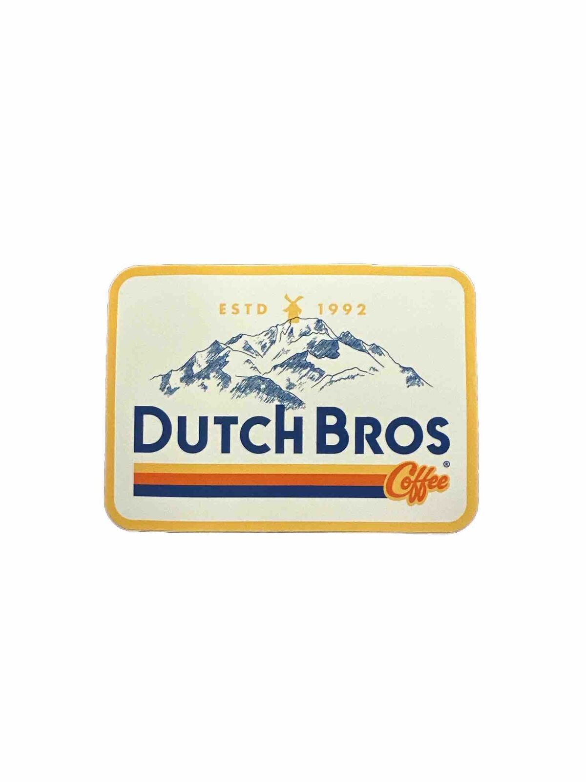 Dutch Bros Sticker Mountain Classic Logo Est 1992 Yellow Rectangle  August 2020