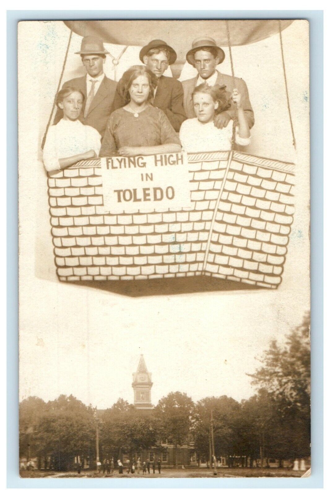 c1910 Flying High Hot Air Balloon Studio Portrait Toledo OH RPPC Photo Postcard