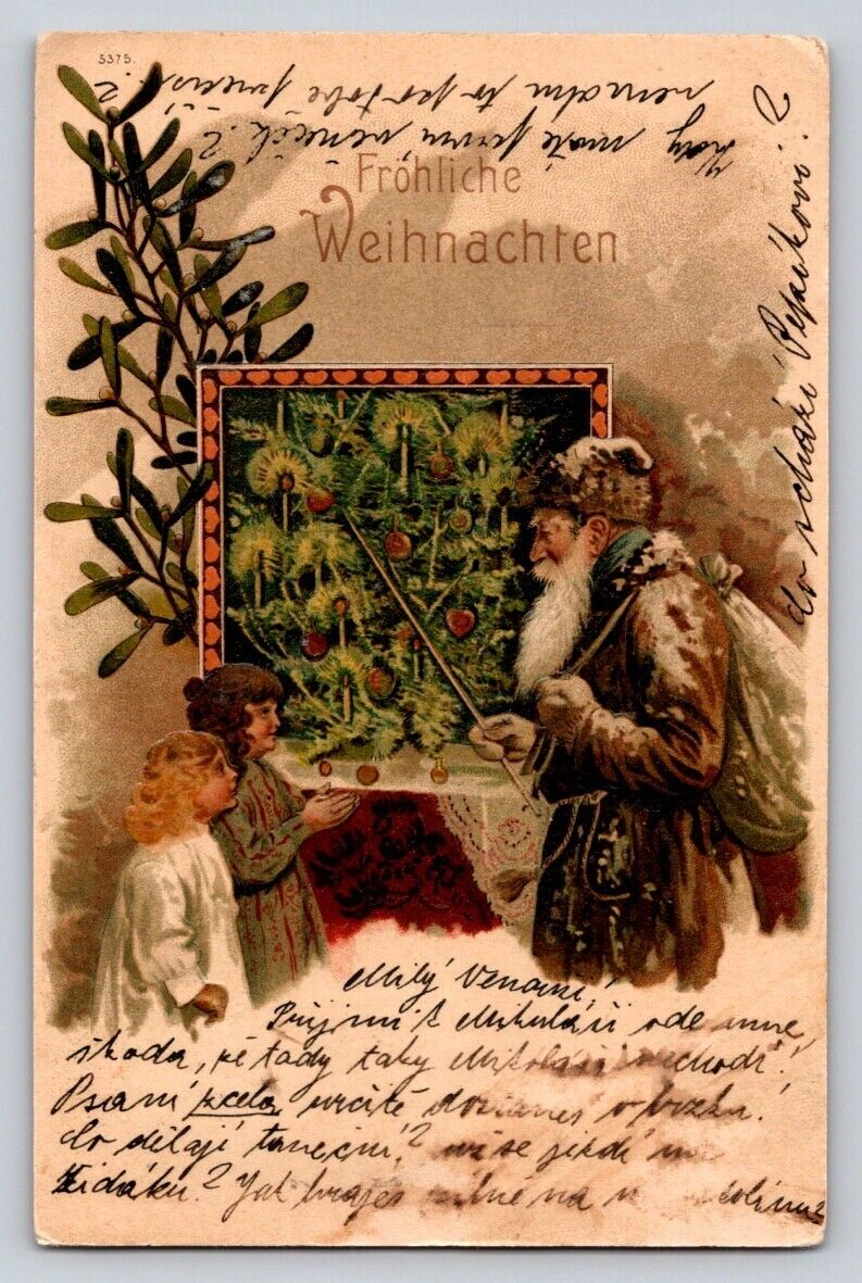 c1905 Old World Brown Santa Claus Children Pointer Framed Art Christmas P369
