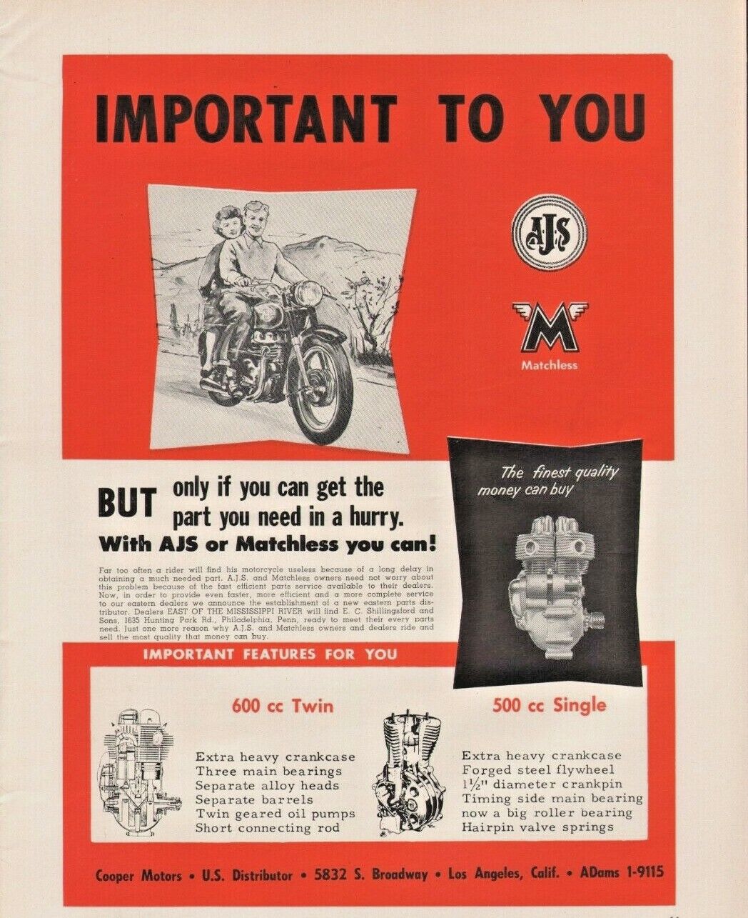 1956 AJS Matchless Parts Cooper Motors - Vintage Motorcycle Ad