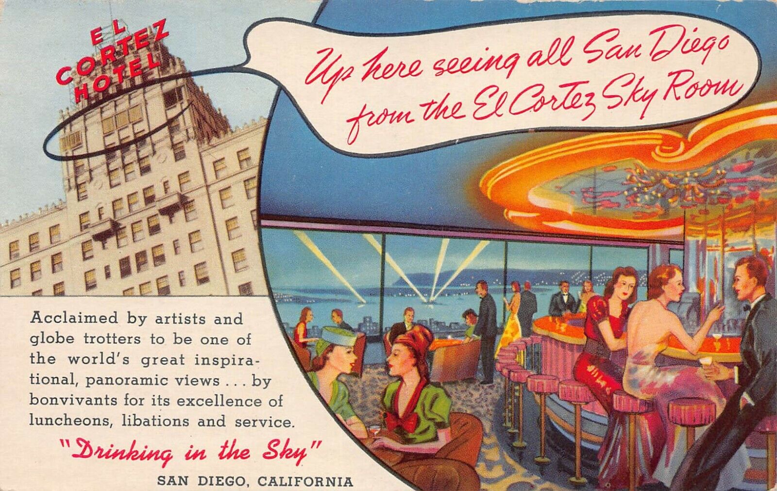 Views of El Cortez Hotel and El Cortez Sky Room, San Diego, CA., Early Postcard