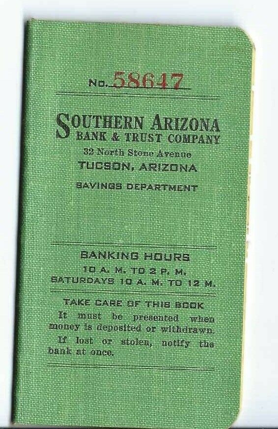 AG-183 AZ Tucson Southern Arizona Bank & Trust Co Bank Book 1947 Canceled