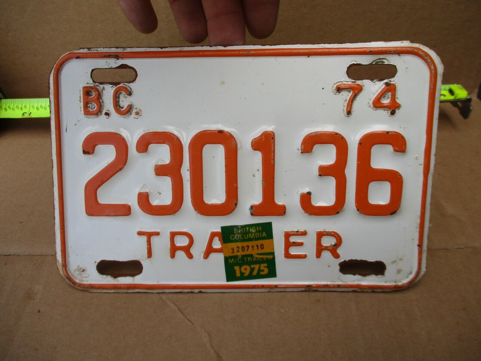 Vtg 1974 British Columbia Motorcycle Small Size Trailer License Plate 