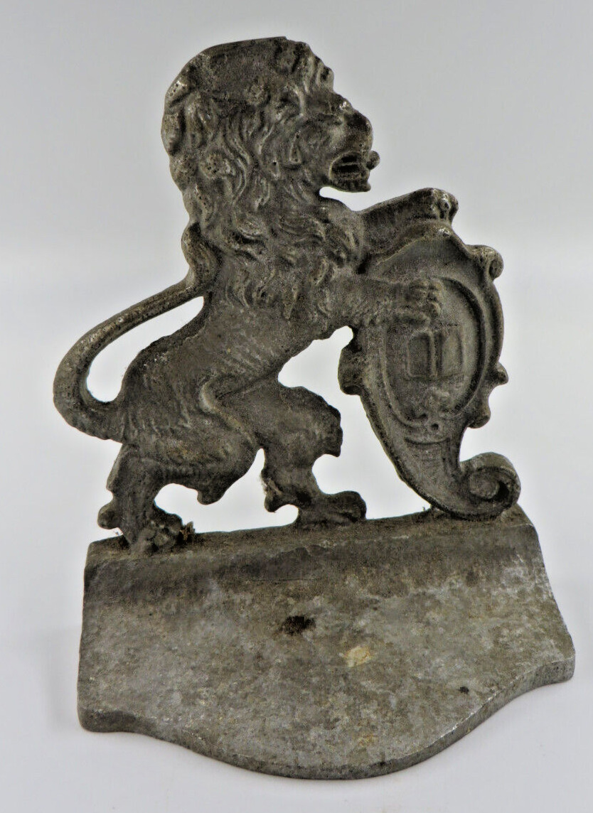 Old Cast Metal Lion Figure Bookend ? Coat of Arms Seal Standing English?