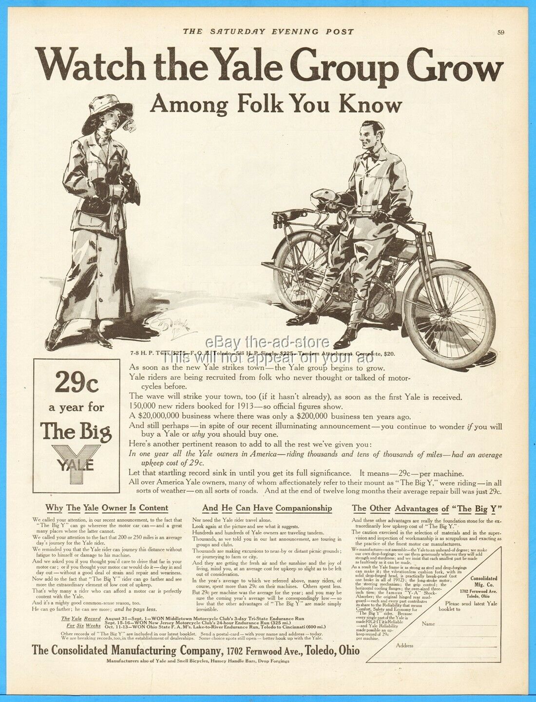 1912 Yale Motorcycle Consolidated Manufacturing Co 1702 Fernwood Toledo Ohio Ad