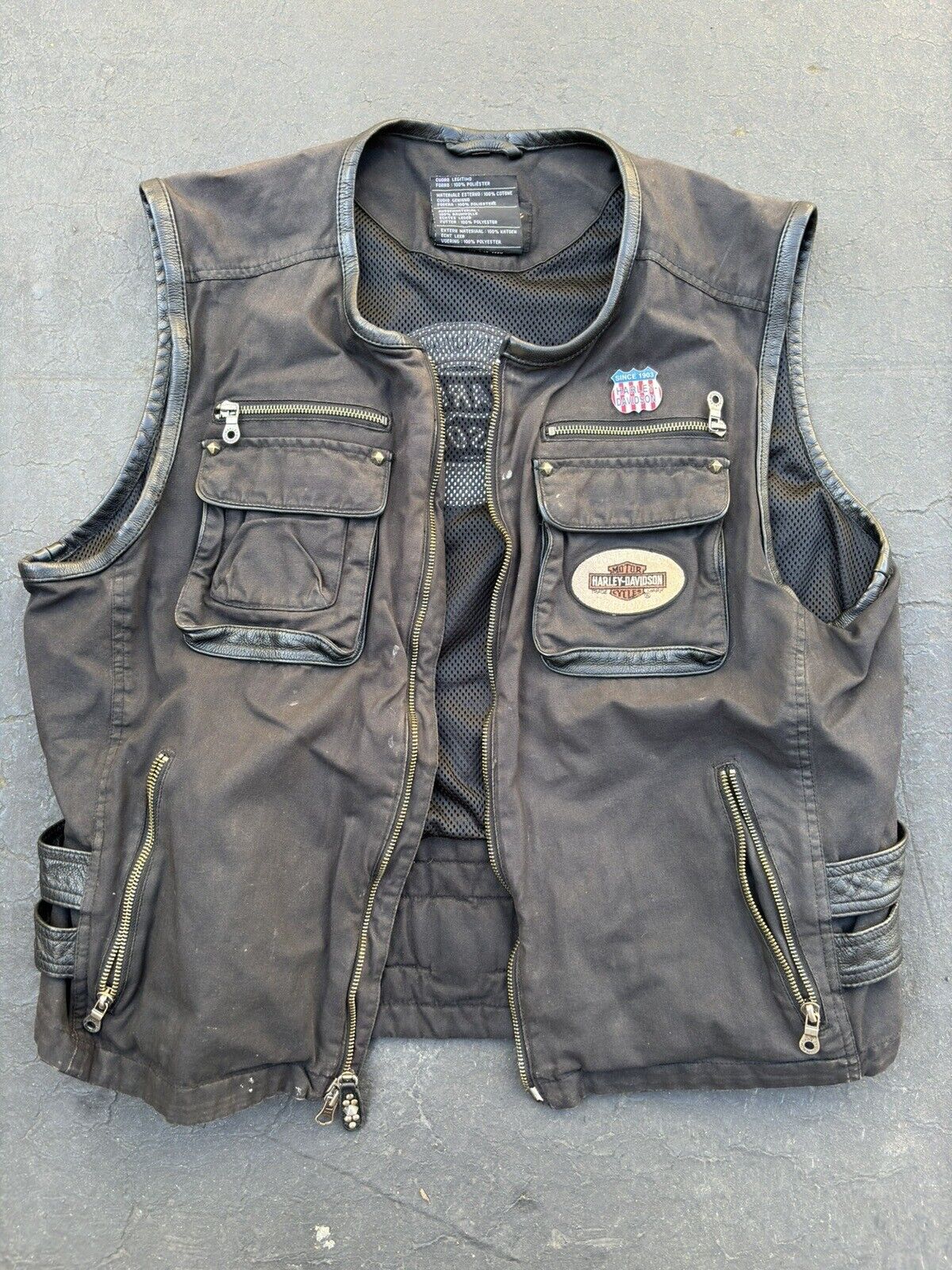 Mens Harley Davidson Zip Front Vest Leather Trim XL Vintage