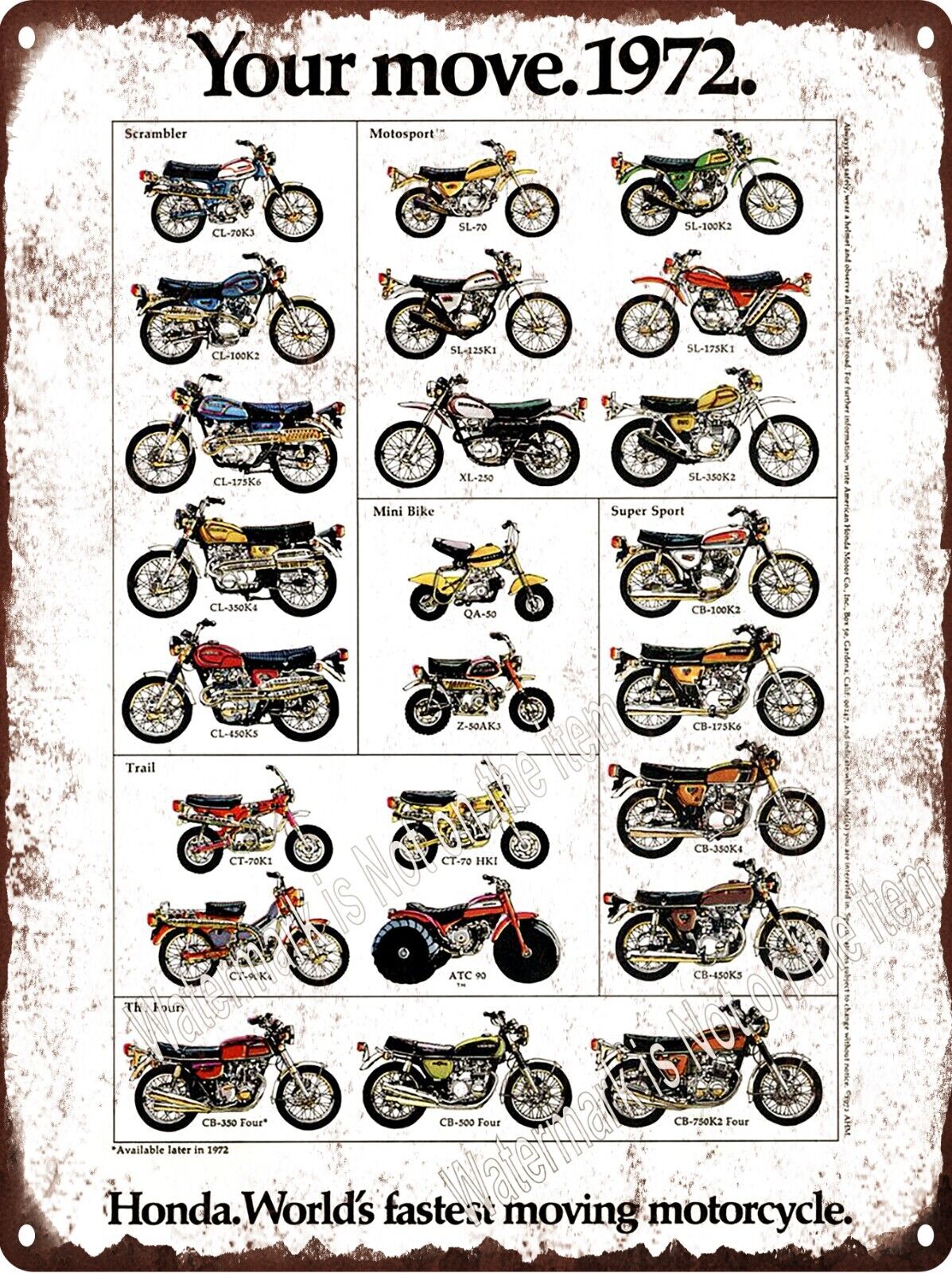 1972 HONDA LINE UP FULL LINE VINTAGE MOTORCYCLE Bike Metal Sign 9x12\