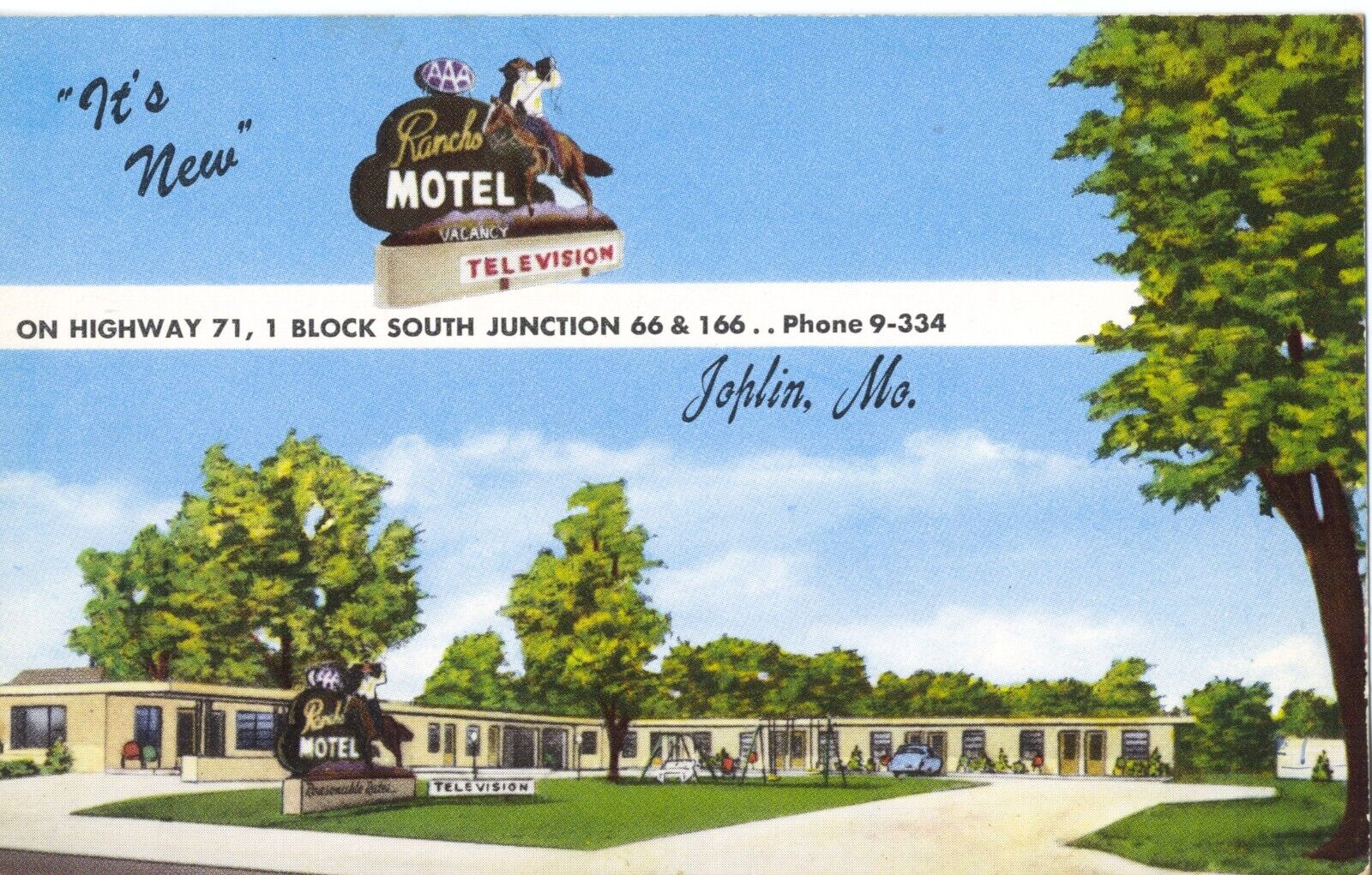 Rancho Motel, 1 Block South Hwy. 66 & 166 Joplin, Mo. Missouri Route 66 Postcard