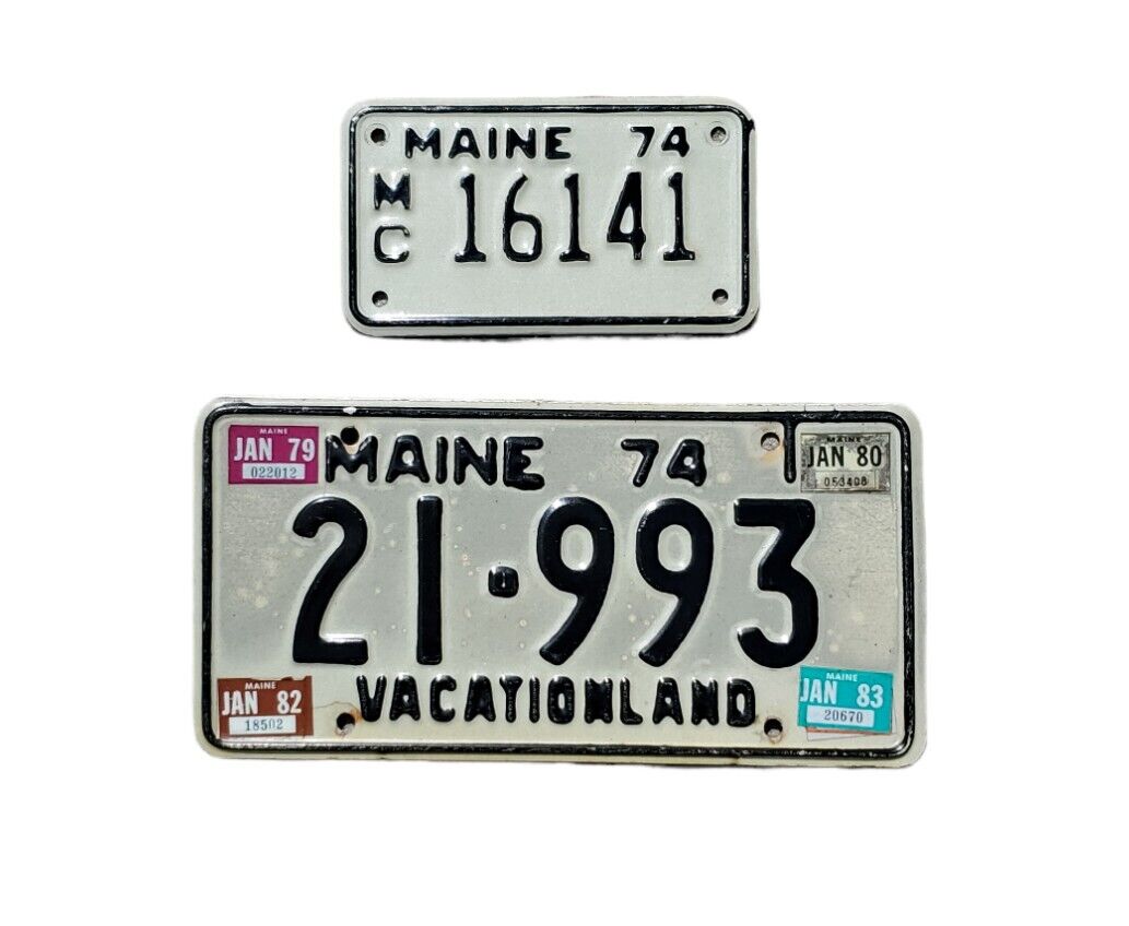 Vintage Maine 1974 Auto & Motorcycle License Plate Set