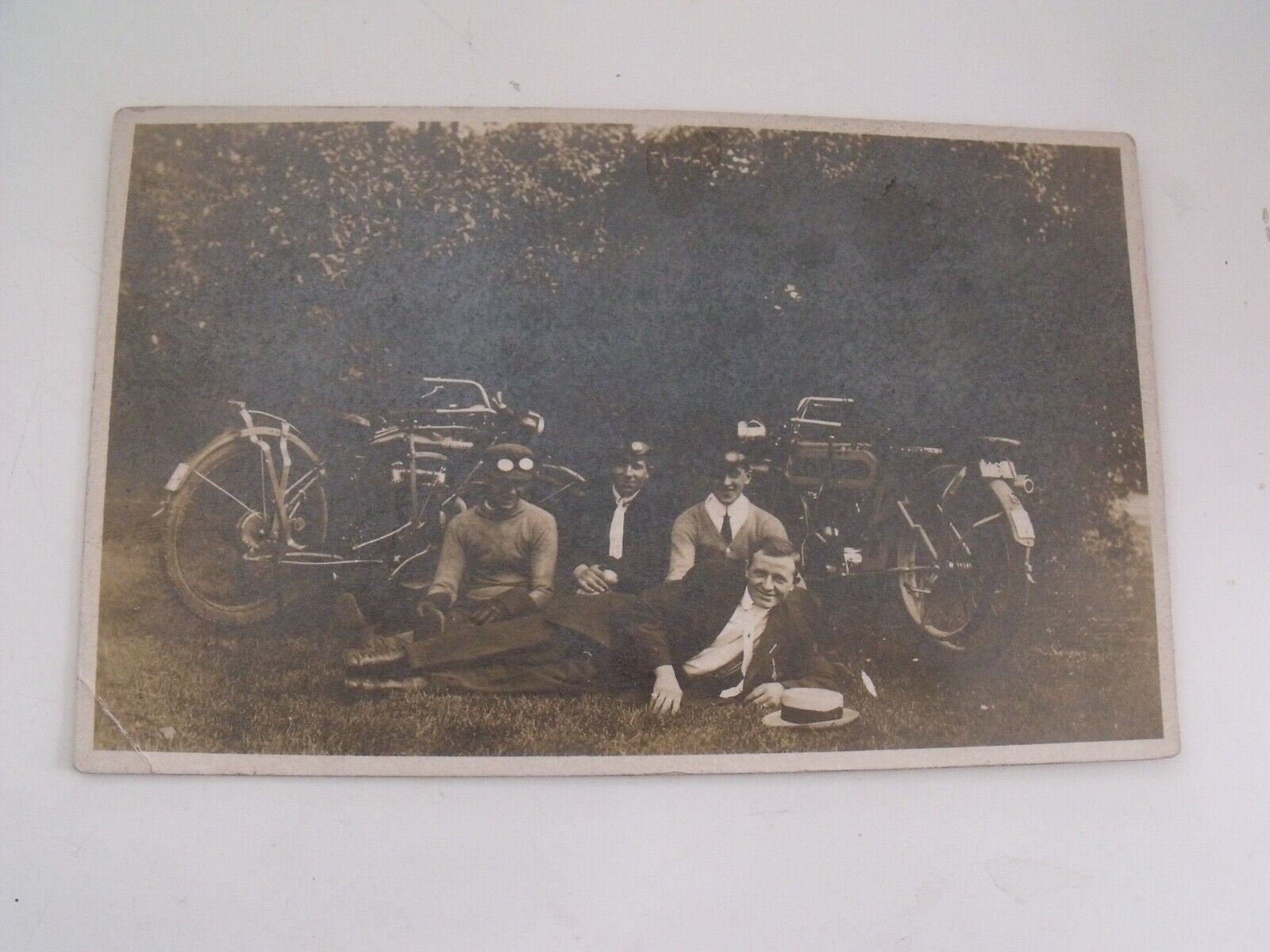 RPPC of 4 Friends with Two Motorcycles including an Indian Motorcycle (C. 1910)