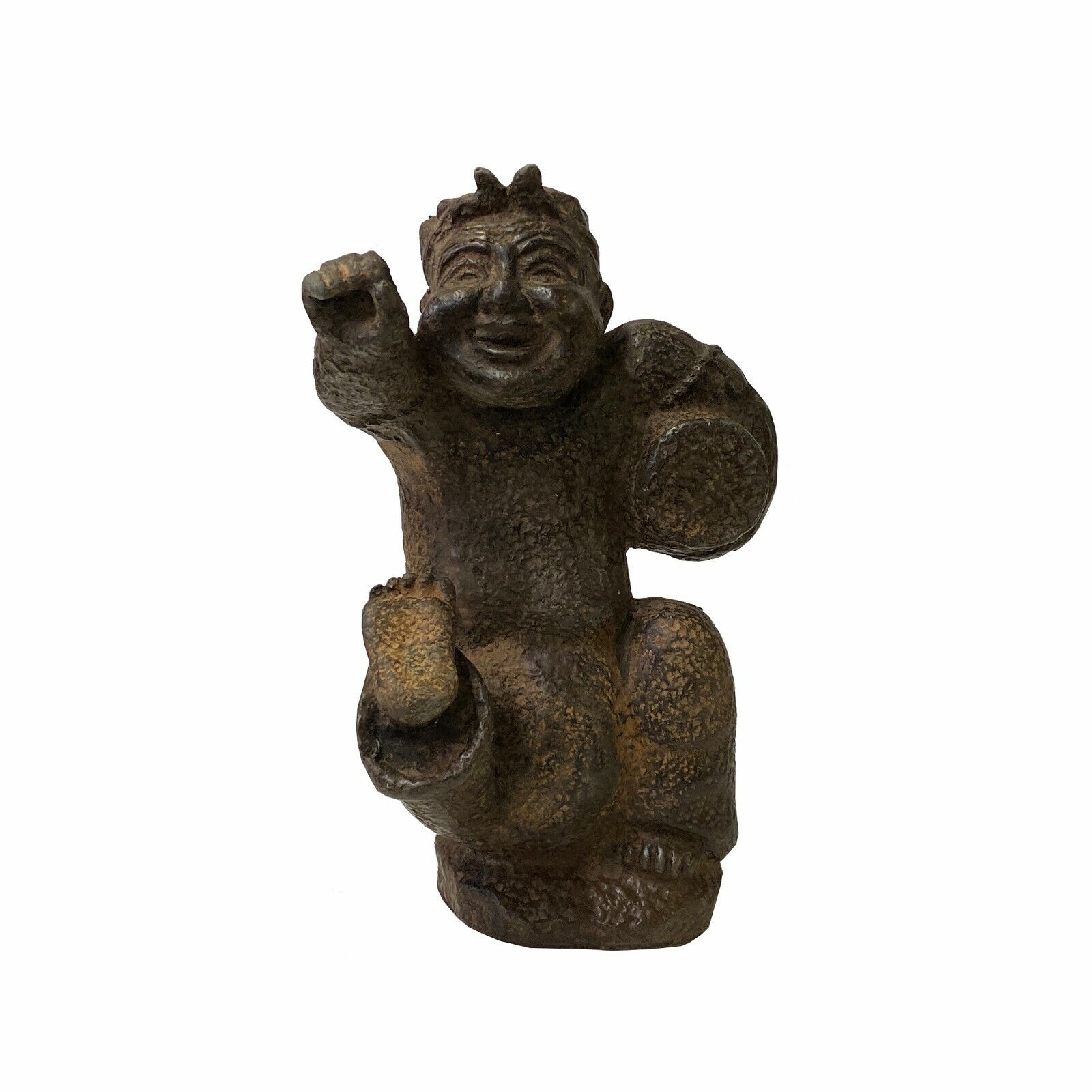 Chinese Distressed Brown Rough Marks Man Playing Drum Figure ws1884