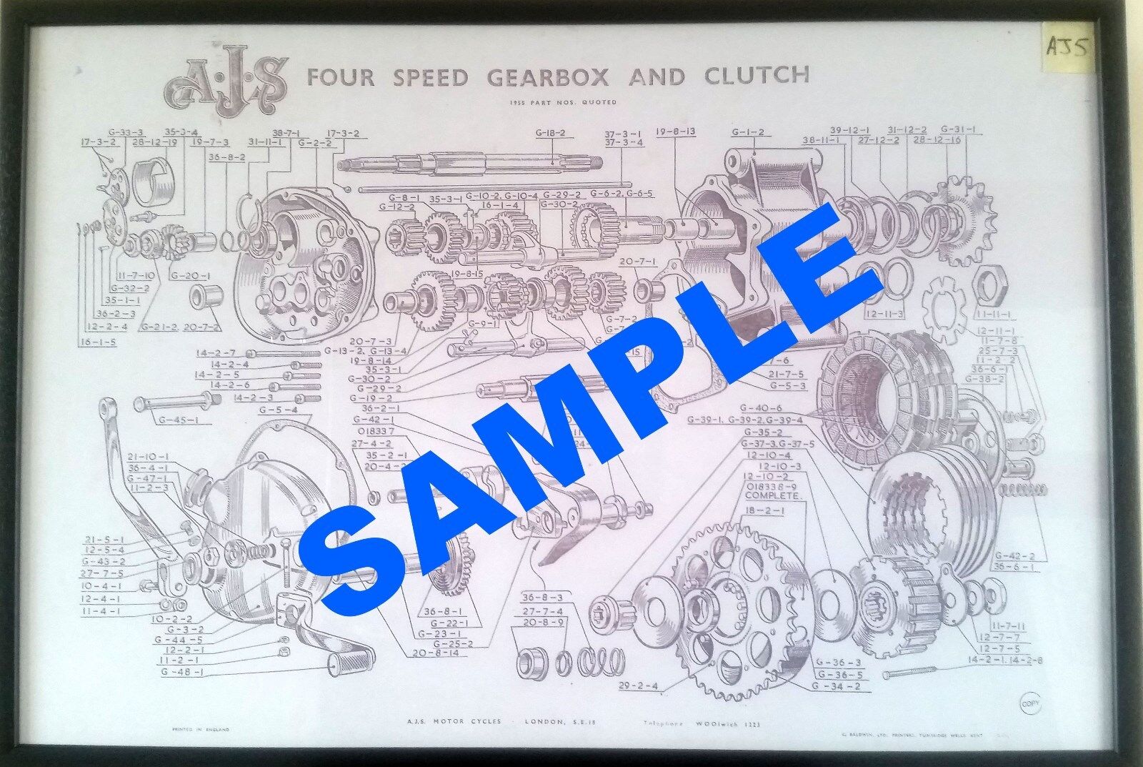 AJS  Matchless AMC Burman Four Speed Gear Box & Clutch  Factory Drawing Poster