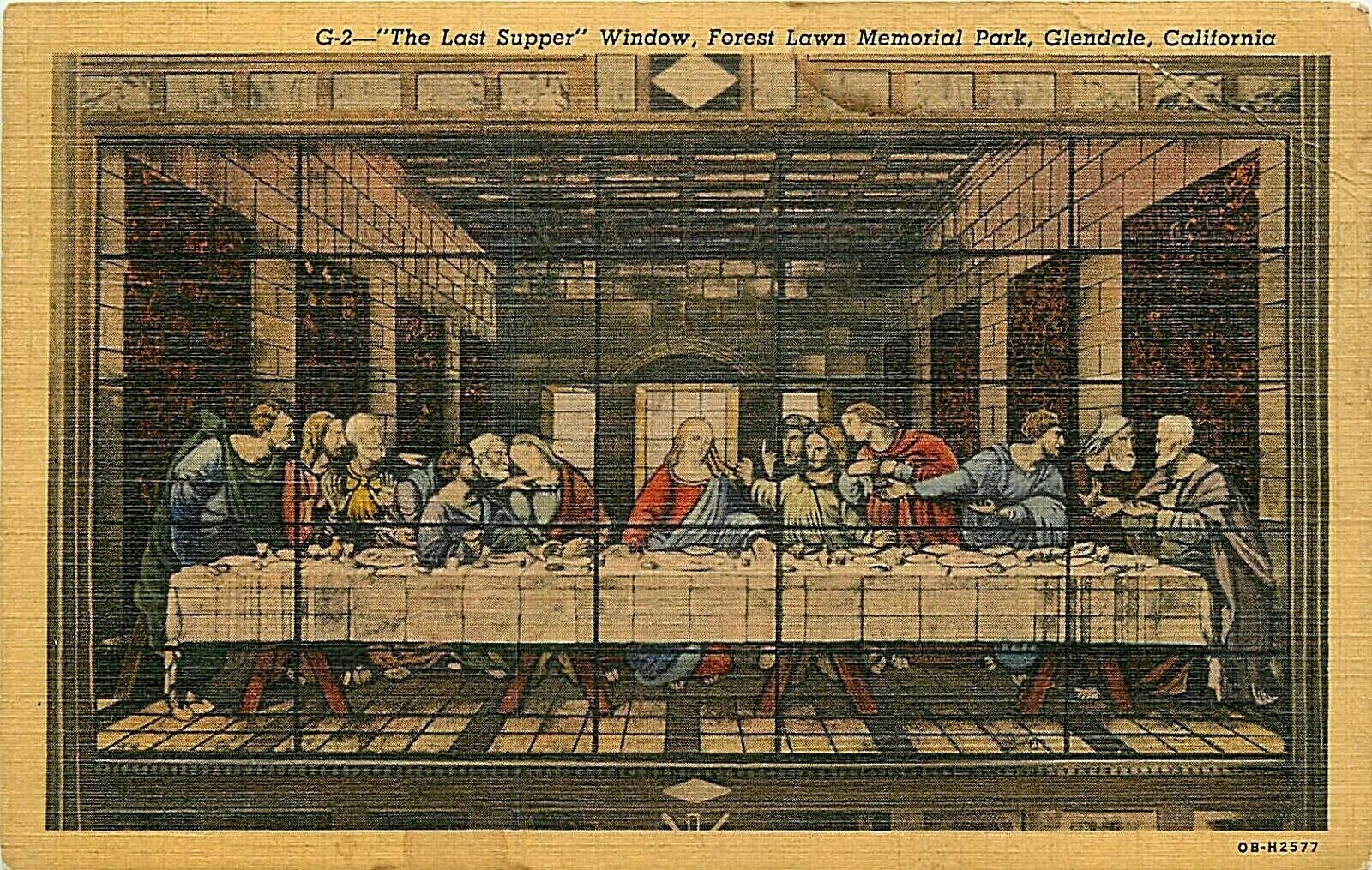 Linen Postcard CA G530 Dated 1942 Unposted The Last Supper Forest Lawn Park 