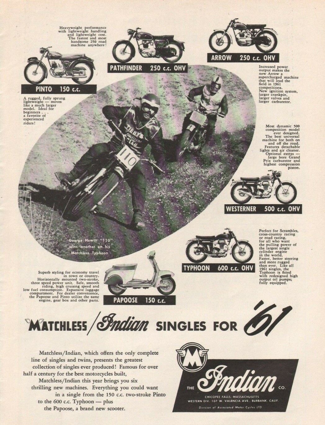 1961 George Hewitt Matchless Typhoon Indian Papoose - Vintage Motorcycle Ad