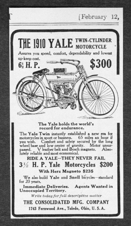 1910 YALE Twin-Cylinder Motorcycle Illustration \