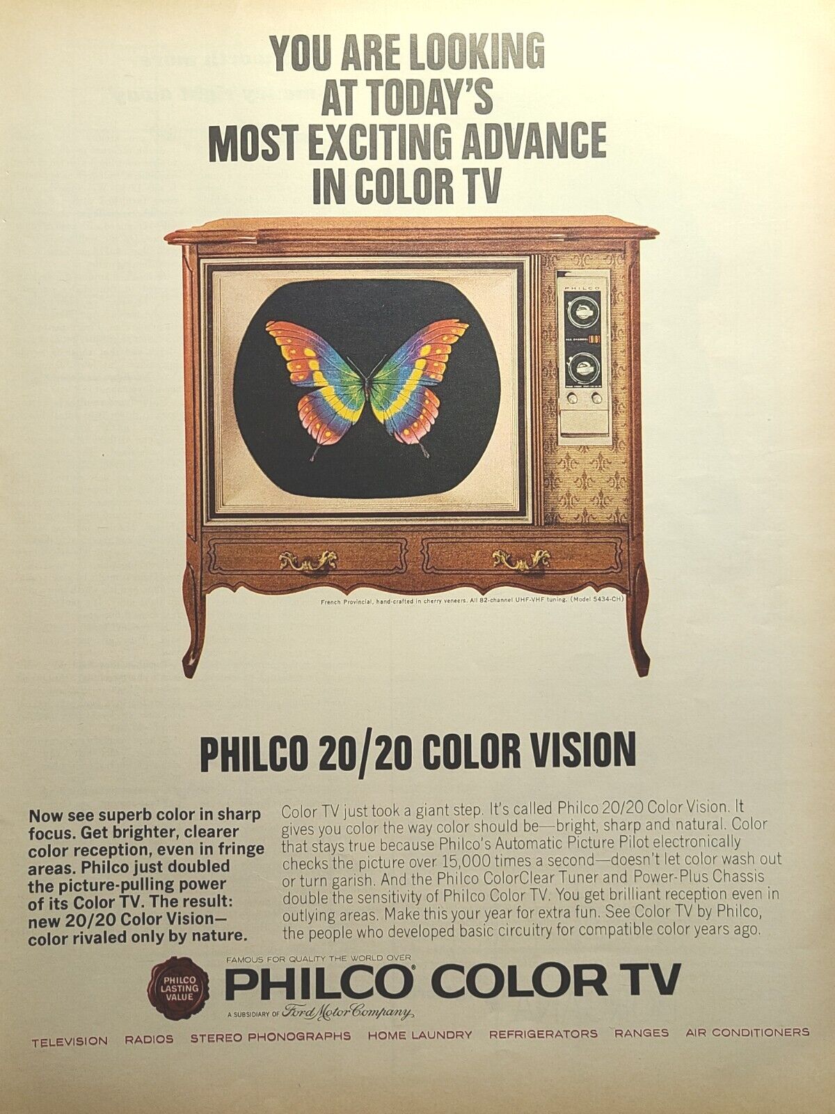 Philco Color TV French Provincial Cabinet Butterfly Vintage Print Ad 1964