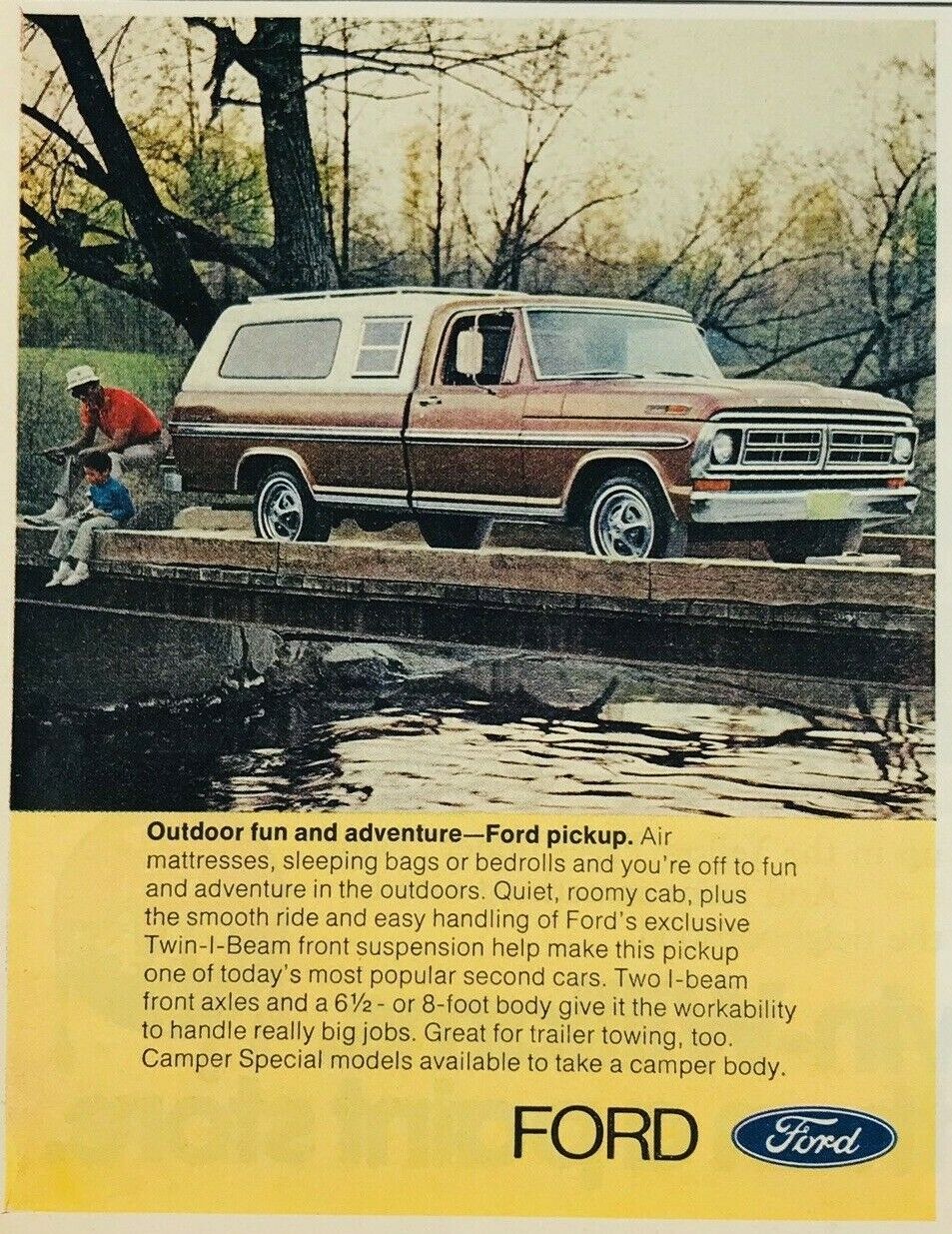 1972 Advertising Ford Pickup Outdoor Camper Body Truck Bed Fishing Print Ad