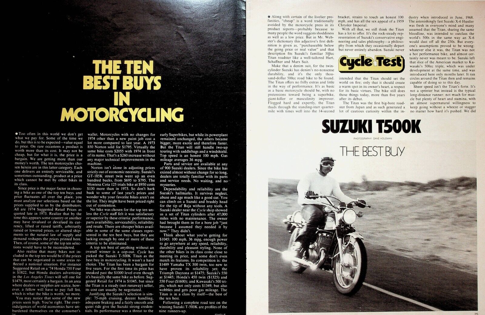 1974 Suzuki T500K Top Ten Best Buys - 5-Page Vintage Motorcycle Article