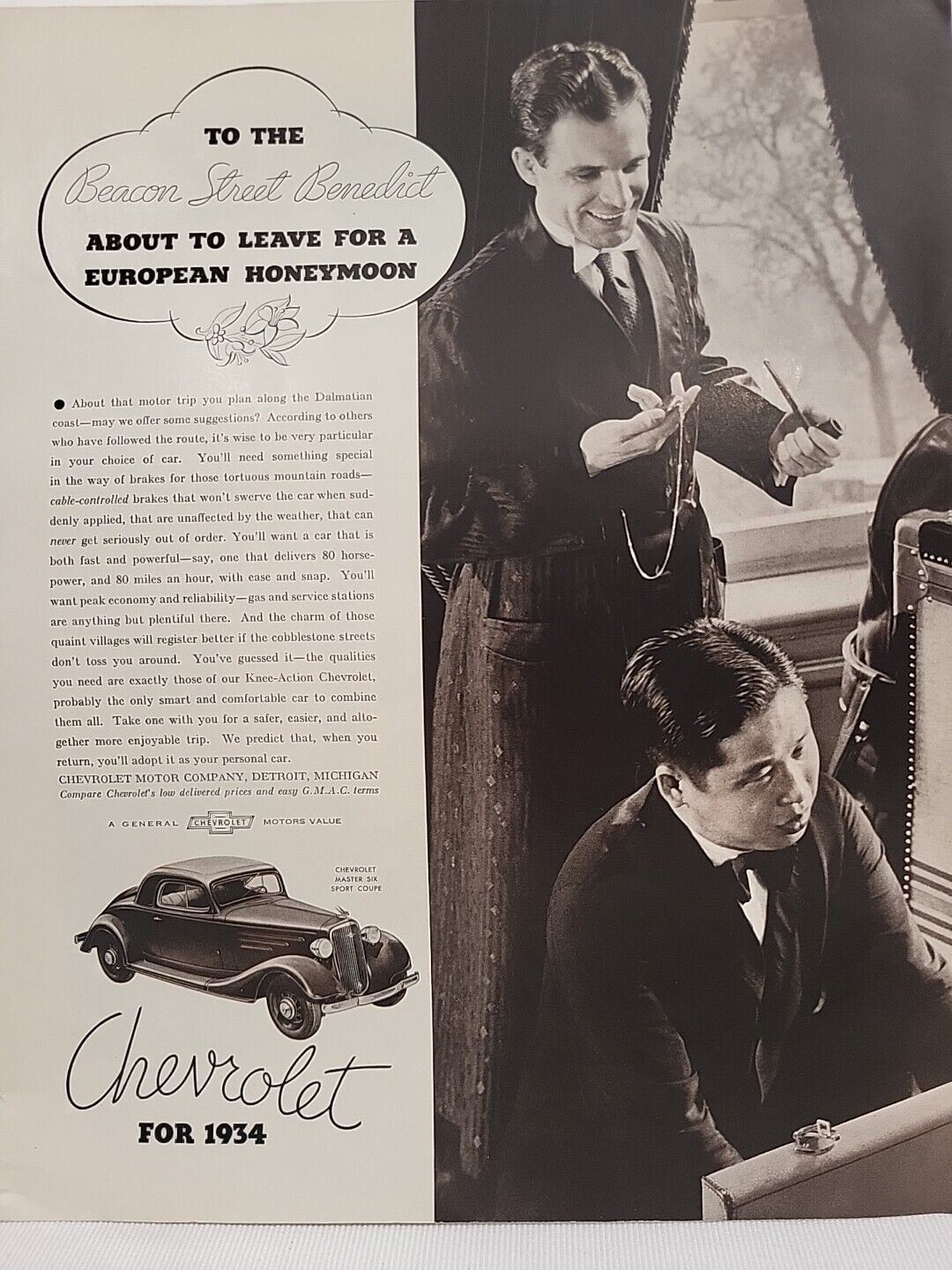 1934 Chevrolet Automobile Fortune Magazine Print Advertising European Honeymoon