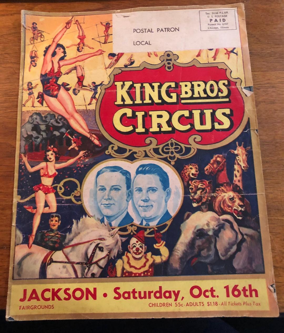 1950\'s King Bros Circus Event Mailer Program Jackson Saturday. Oct 16th 