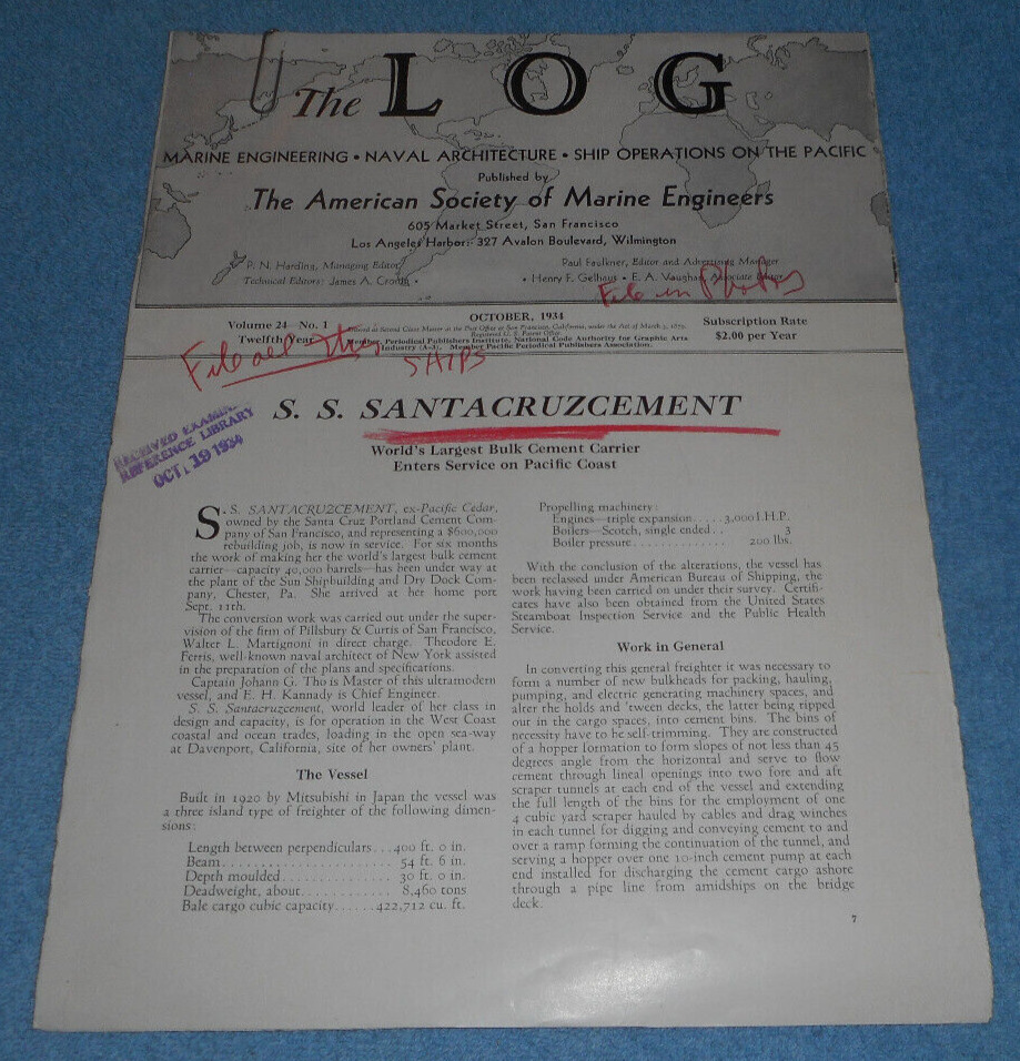 1934 The Log American Society Marine Engineers SS Santacruzcement Article ONLY