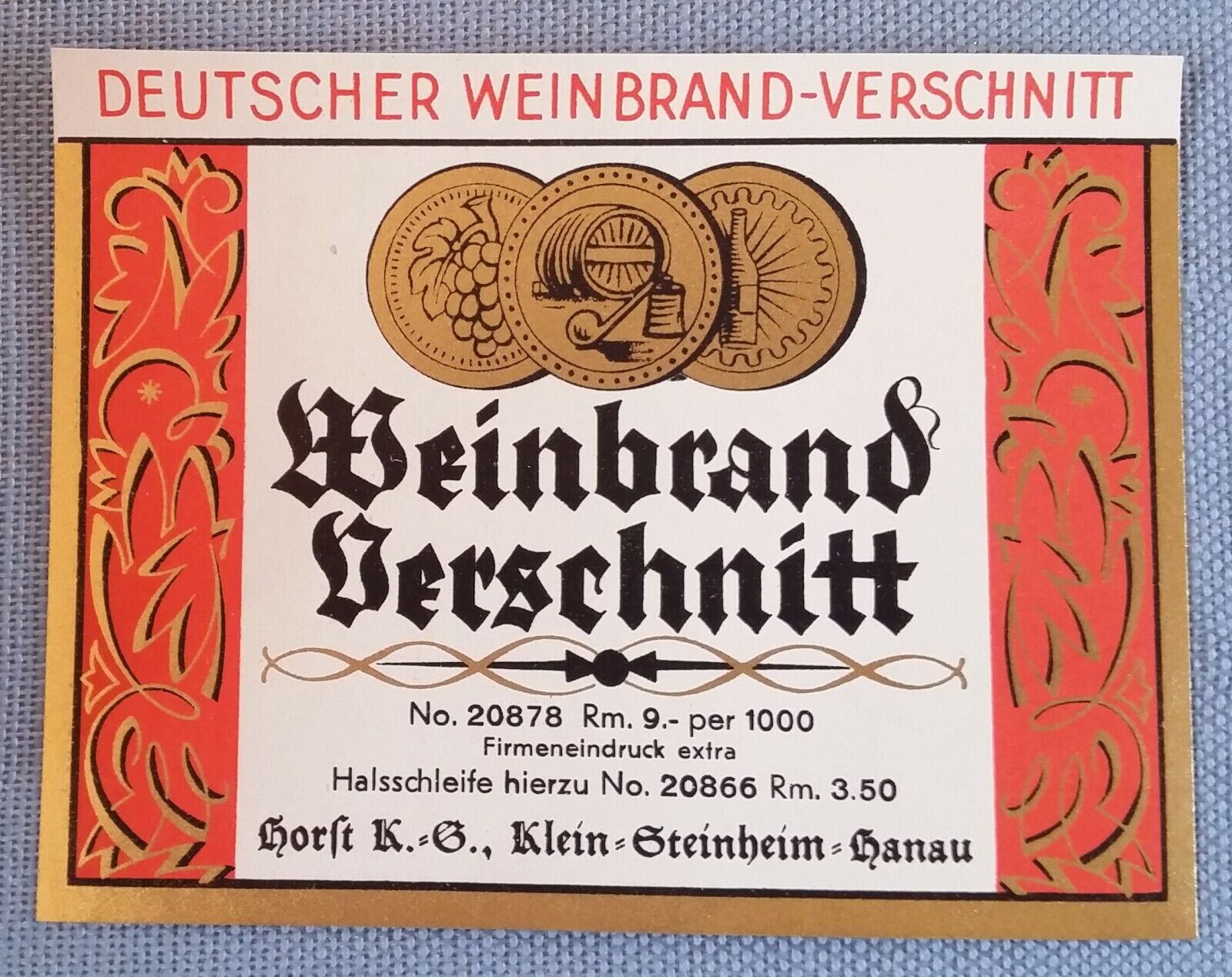 Antique liquor label wine burn cut label Horst Hanau