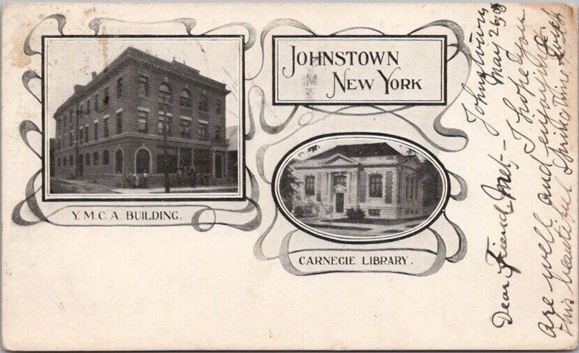 JOHNSTOWN, New York Postcard YMCA BUILDING / CARNEGIE LIBRARY - 1905 Cancel