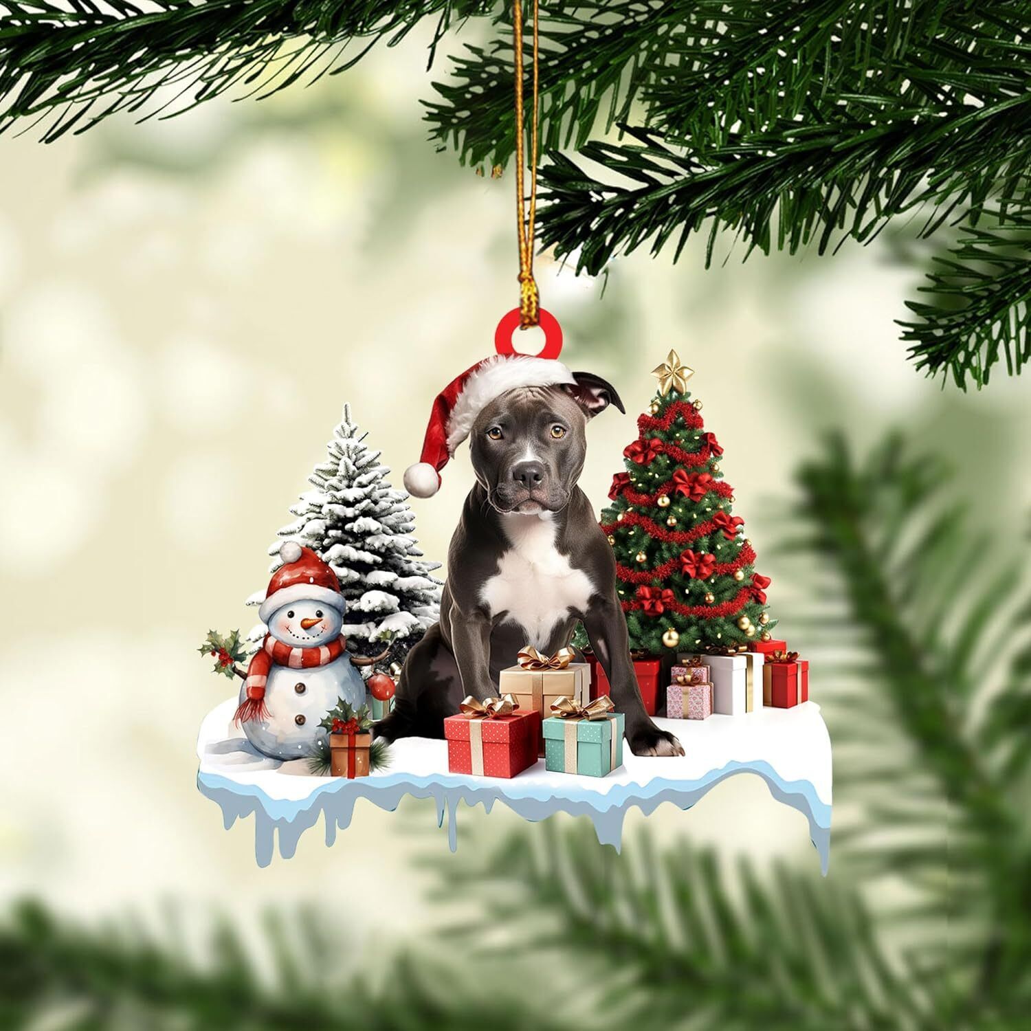 Pitbull Dog Merry Christmas Ornament, Pitbull Christmas Ornament Acrylic & Wood