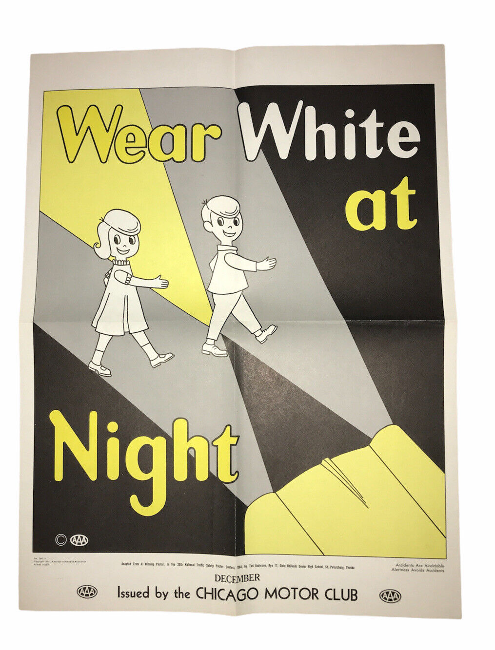 AAA Chicago Motor Club “Wear White At Night” 2 Sided Safety Posters 1965