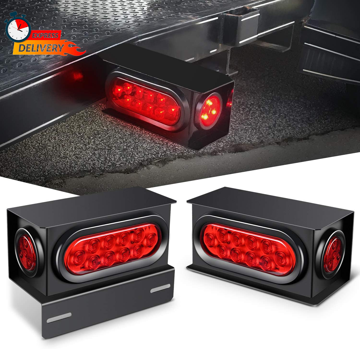 Nilight - TL-34 2PCS Steel Trailer Light Boxes Housing Kit w/6Inch Oval Red LED 