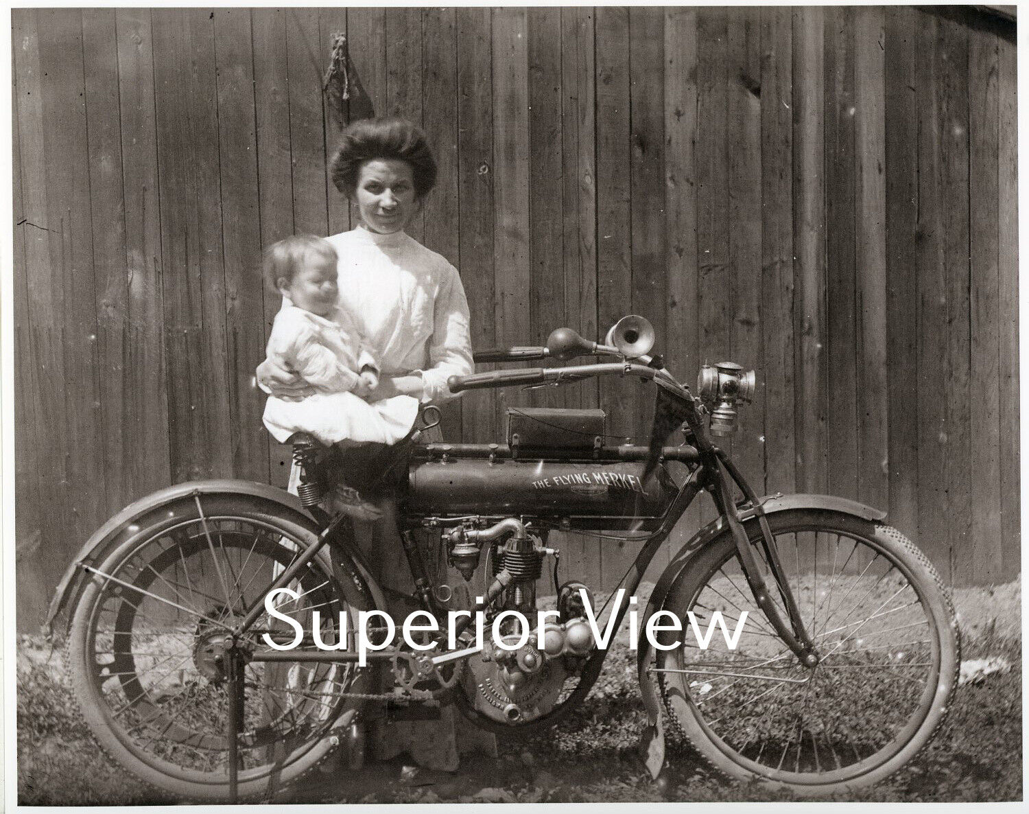 Vintage Motorcycle The Flying Merkel Mother Baby Made  From Glass Negative SHARP