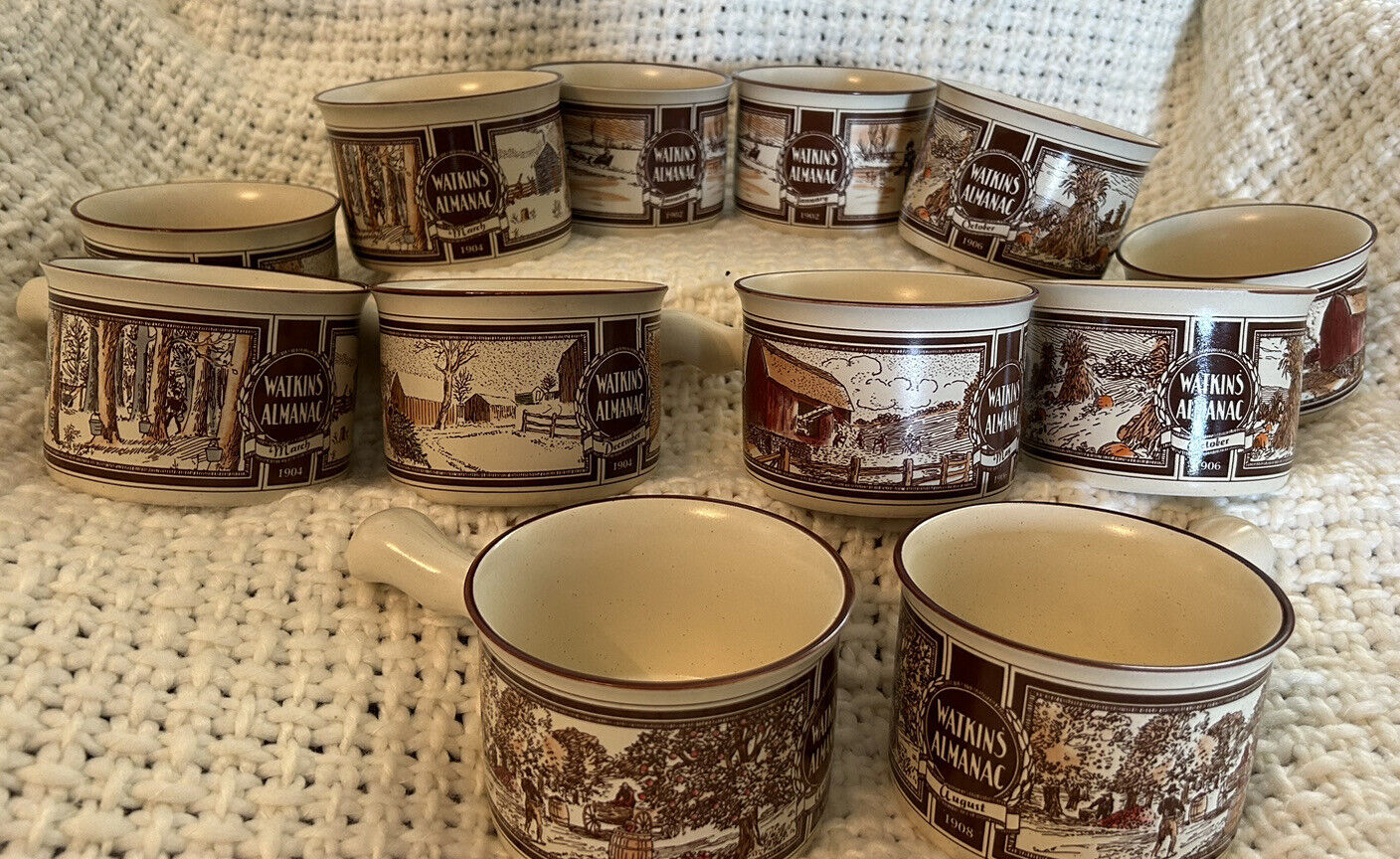 Vintage Watkins Almanac Soup Mugs.  12 Mugs. Rare Find