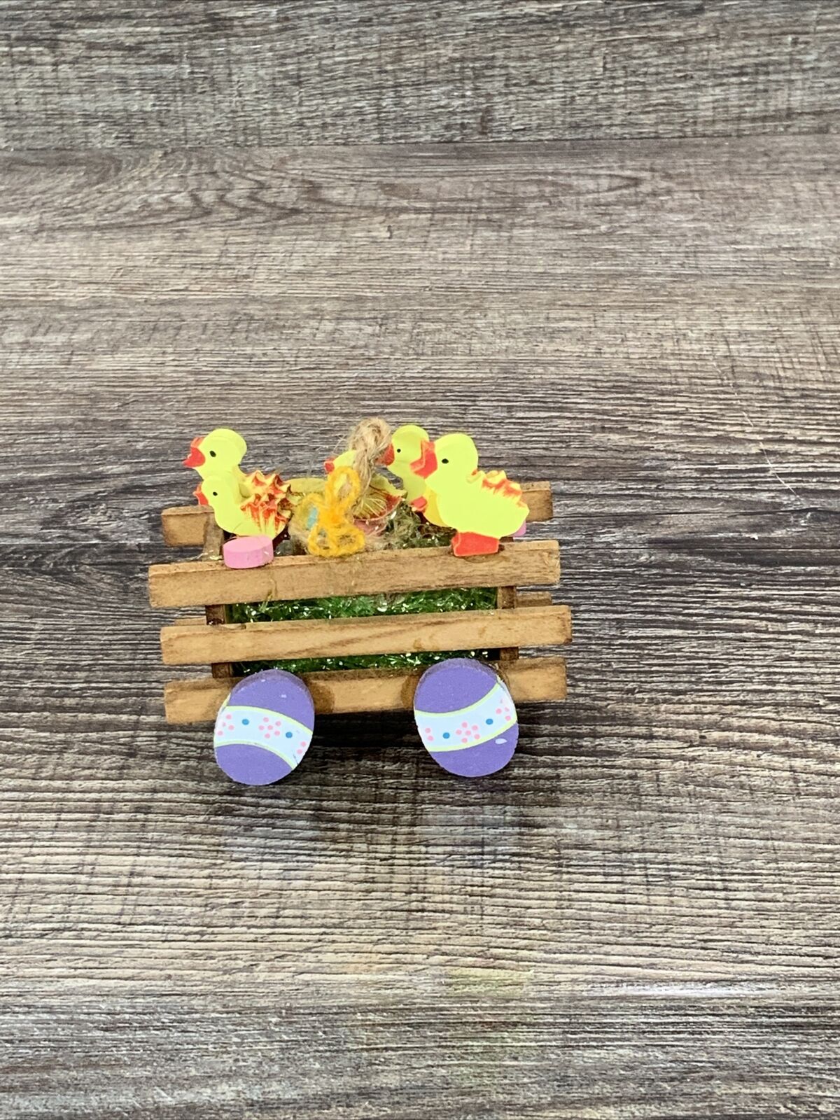 Vtg 1984 Schmid Emgee Easter Decor Chicks Being pulled In Egg Cart/ Adorable