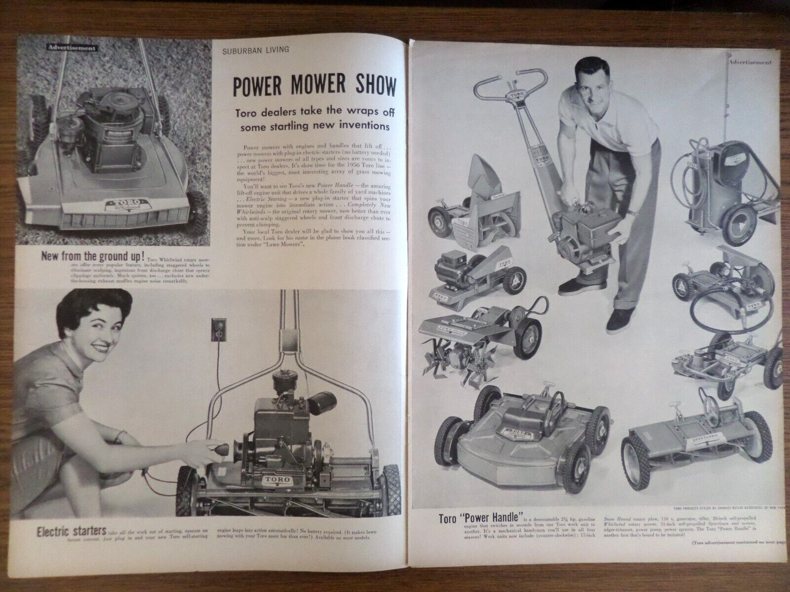 1956 Toro Lawnmower Ad  Power Mower Show Starters Handle & Mowers