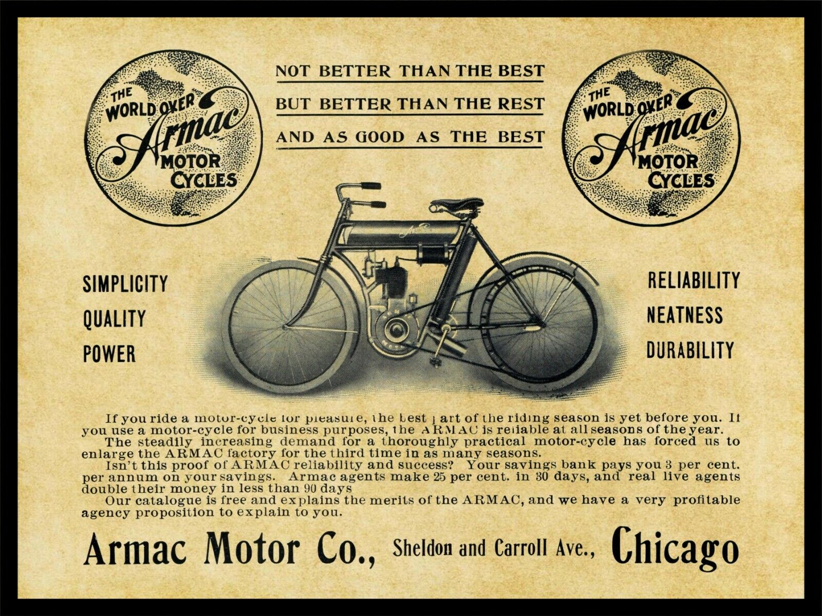 1906 ARMAC Motor Co. NEW Metal Sign: Armac Motorcycles - Chicago, Illinois