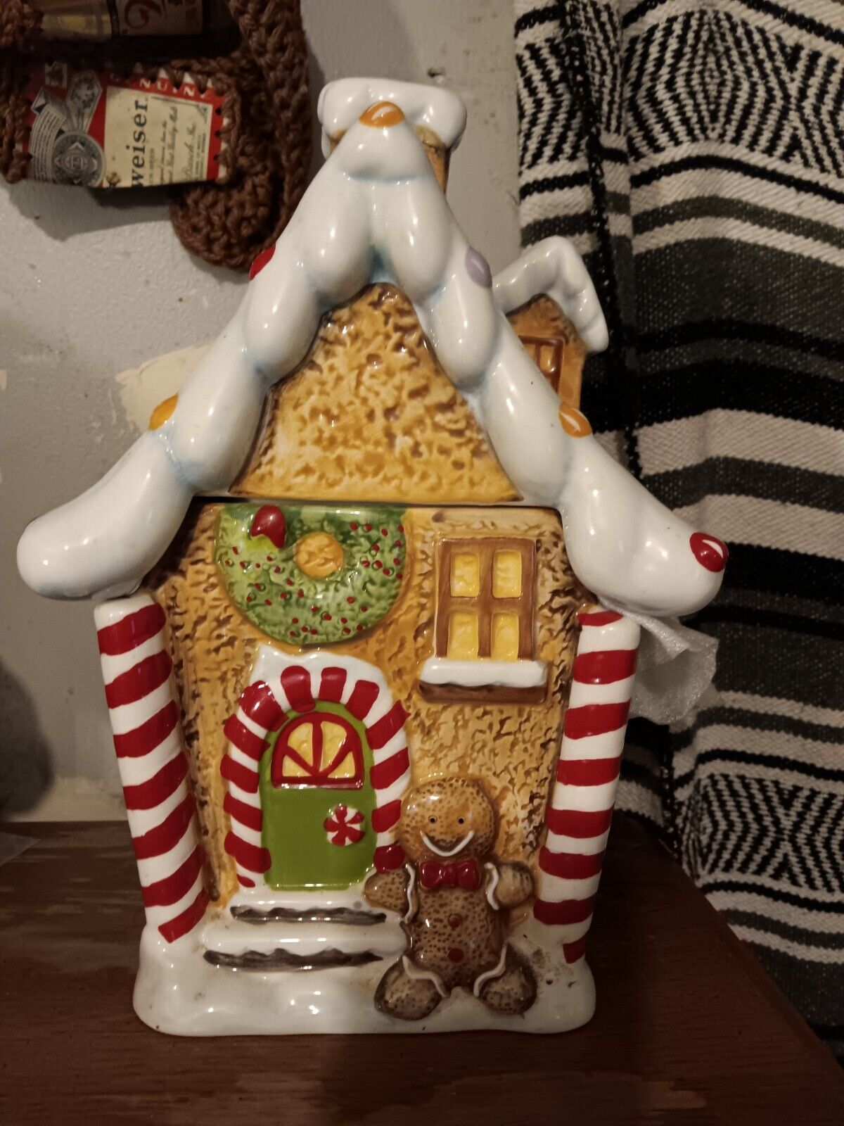 Sleigh Bell Christmas Gingerbread Cookie Jar Ceramic Painted 13”