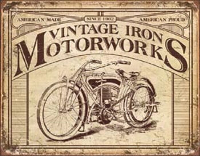 Vintage Iron Motorworks TIN SIGN Vintage Motorcycle Garage Poster Decor Shop Ad