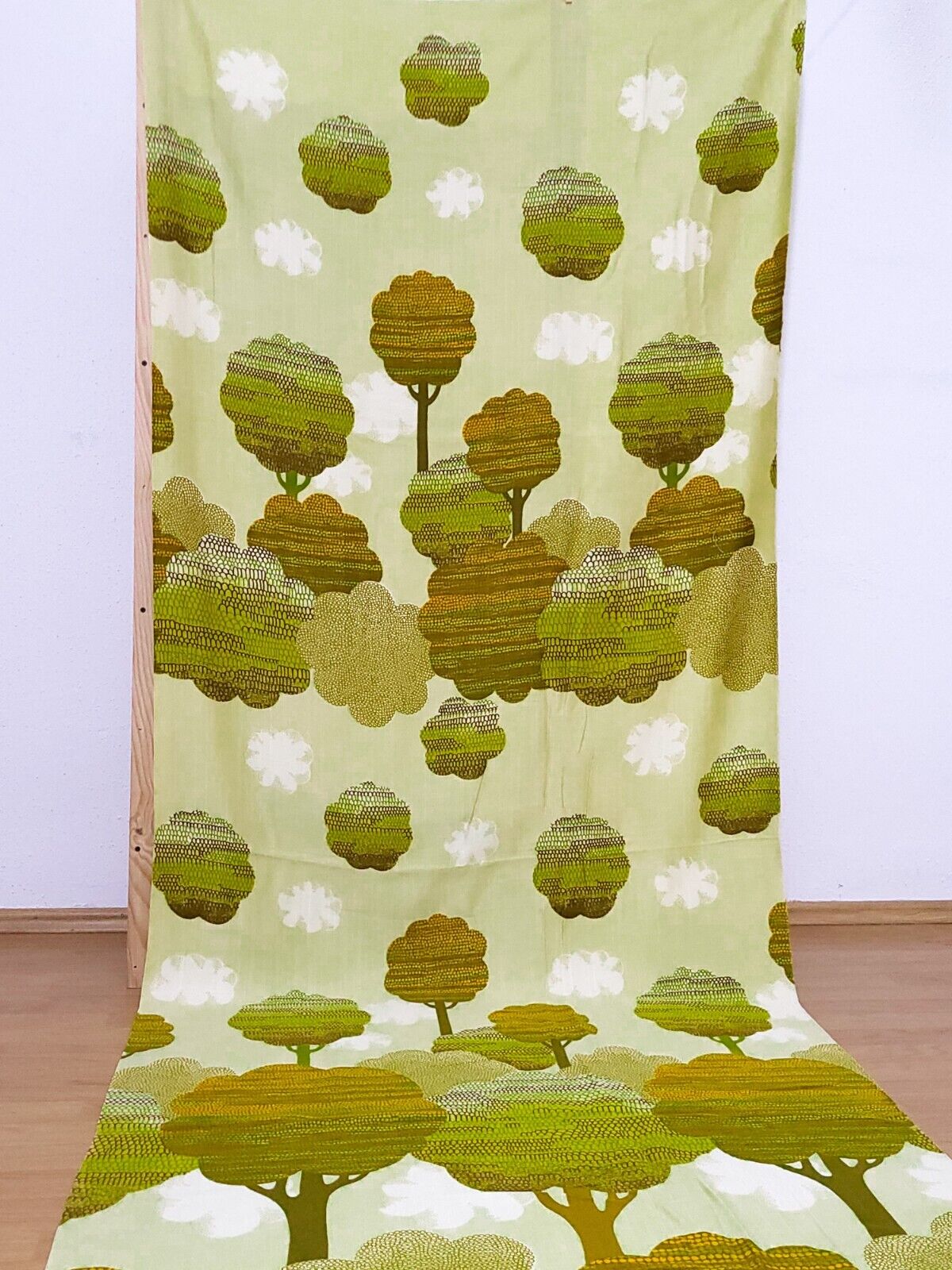 Vintage Extra Large curtain fabric by meter / green trees Mid-Century 70\'s