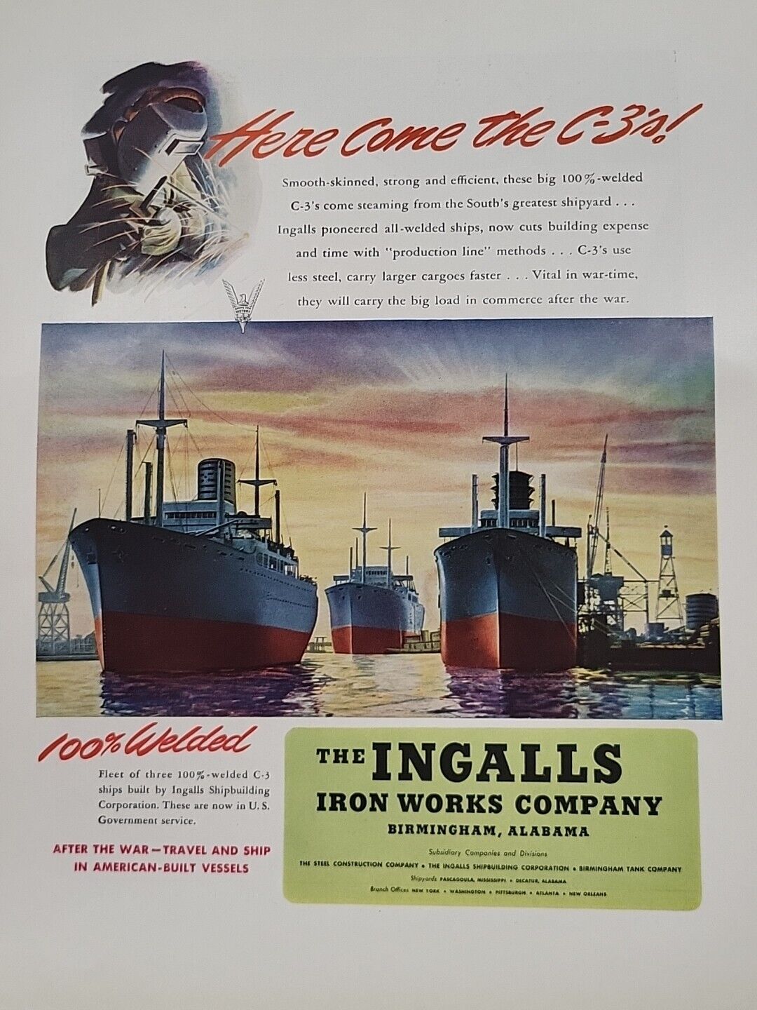 1942 Ingalls Iron Works Company Fortune WW2 Print Ad War C-3\'s Cargo Ships Fleet